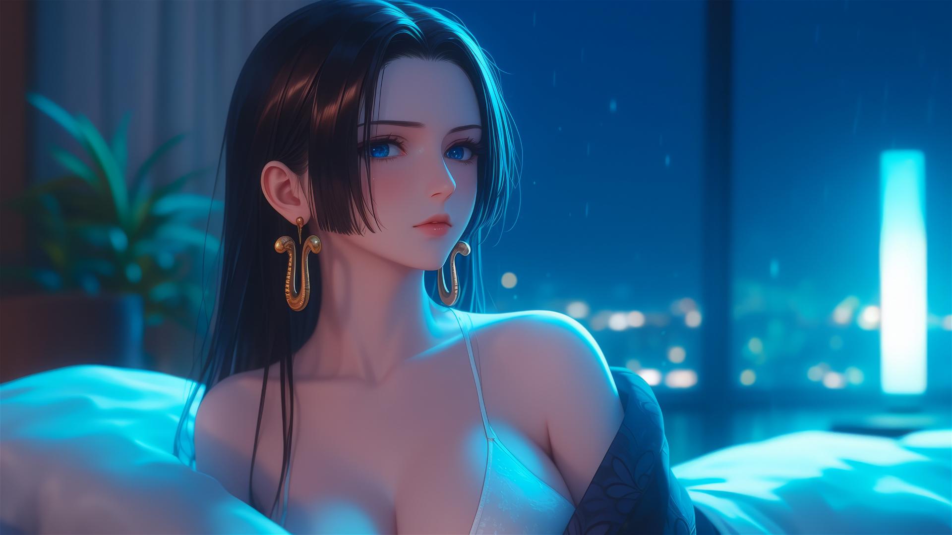 Boa Hancock leisurely sitting in an apartment under moonlight, short hair
