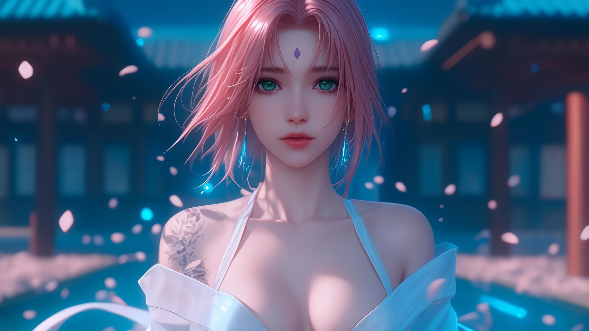 Sakura Haruno from Naruto under moonlit starry night in blooming fields