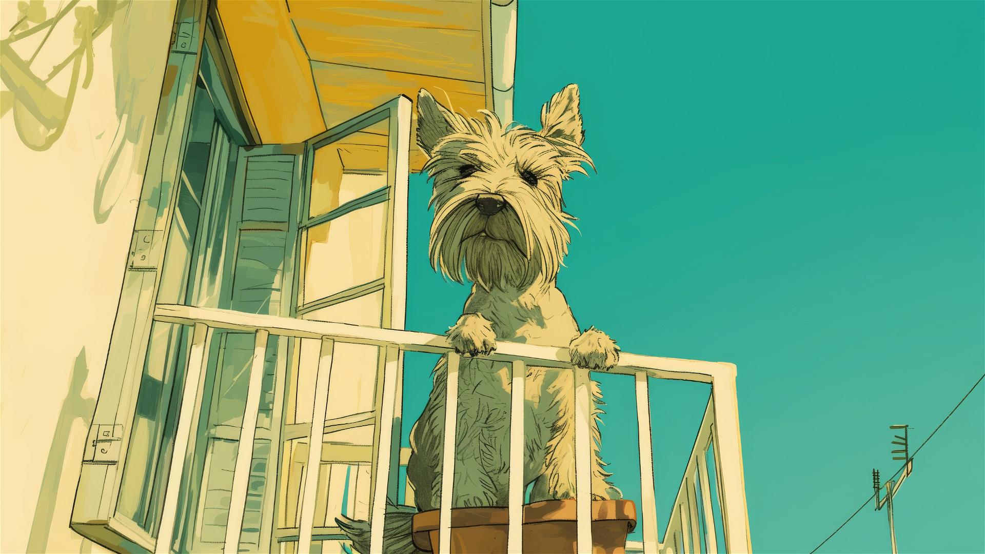 Big fat Yorkshire Terrier sitting on a balcony looking at the camera, doodled in the style of Quentin Blake