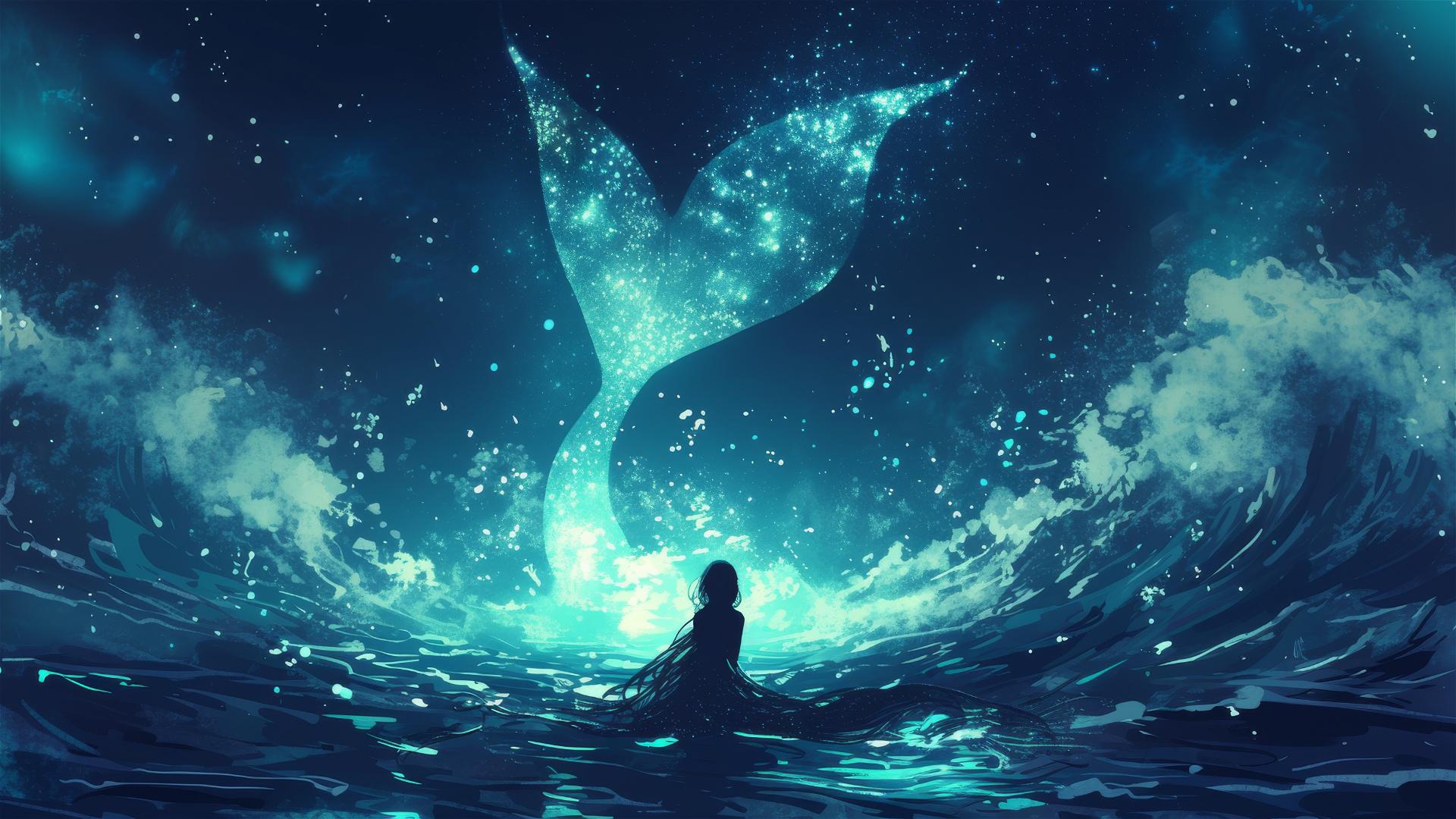 Dark ocean waves under starlit sky with a sparkling mermaid tail