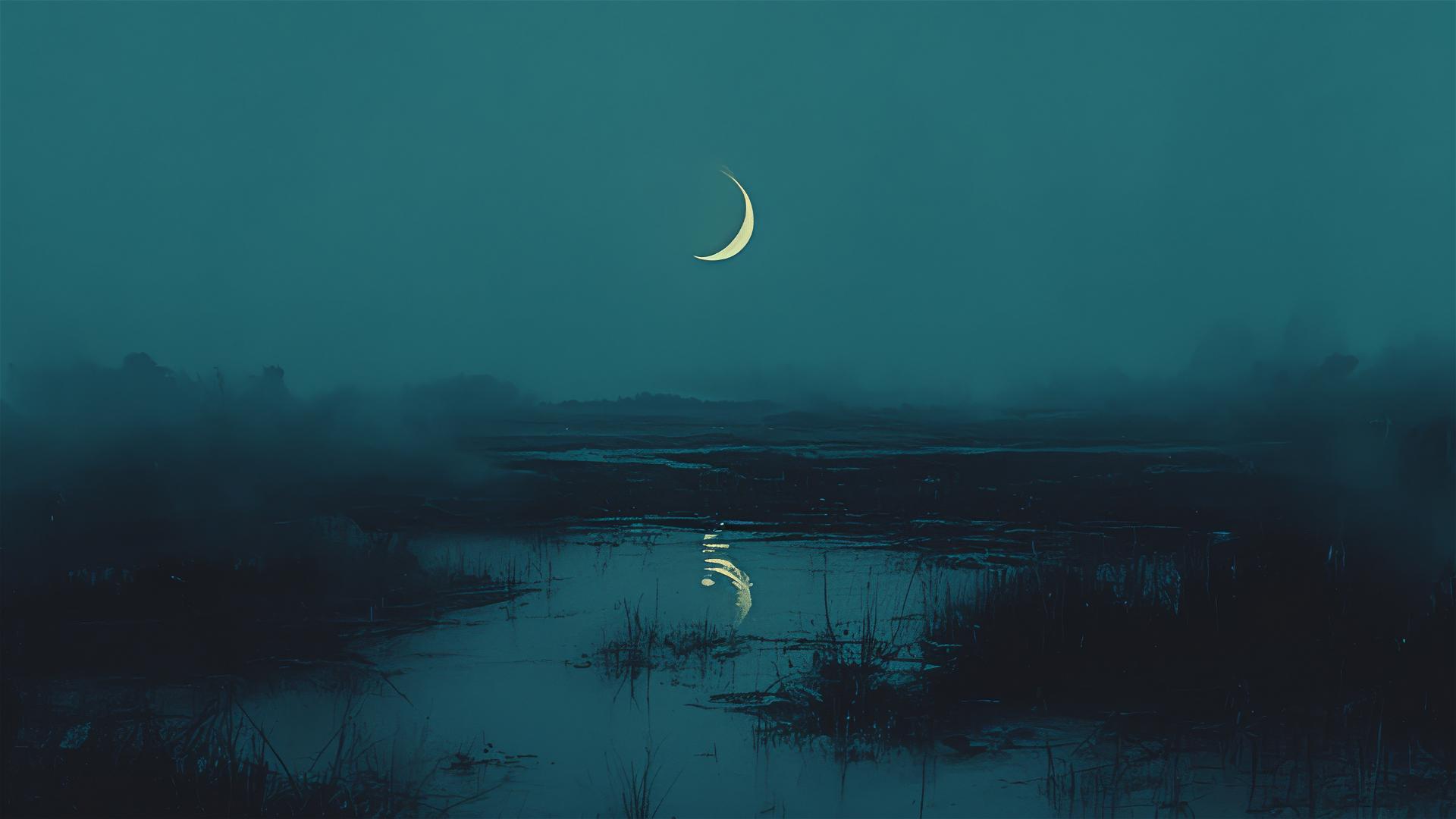 Dark crescent moon over a misty bog with water reflections