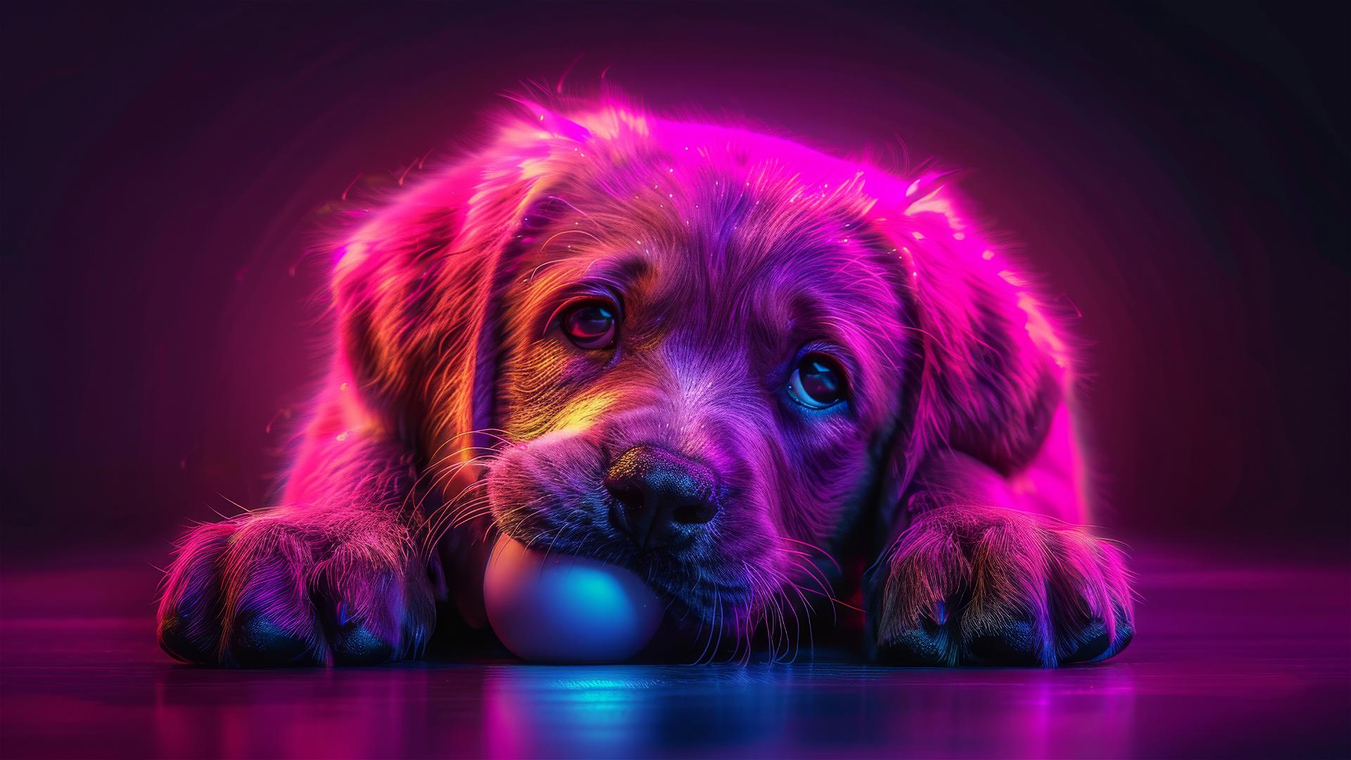 Realistic neon labrador puppy chewing a ball