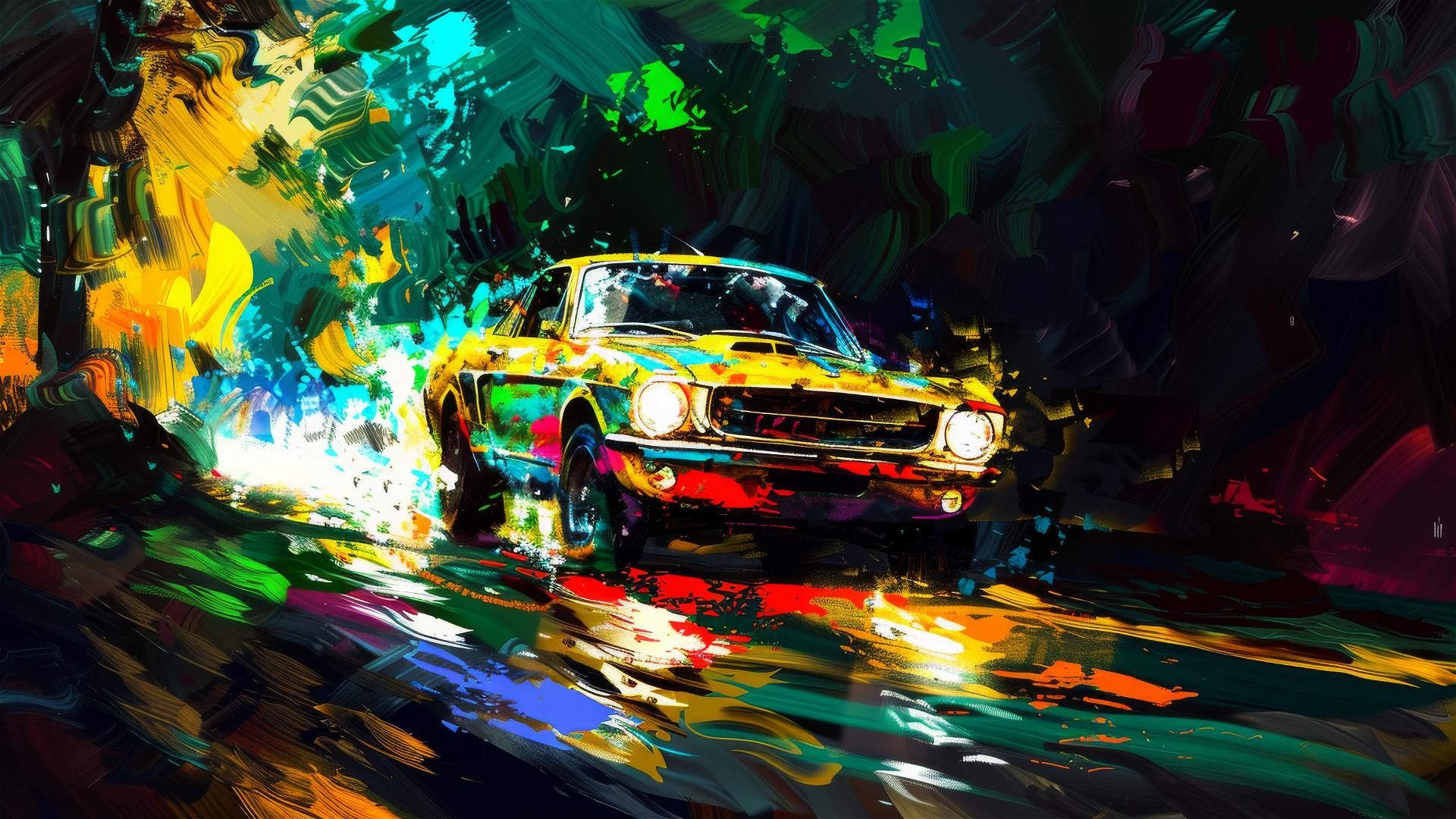 Car driving on a track in vibrant primary colors and impasto style