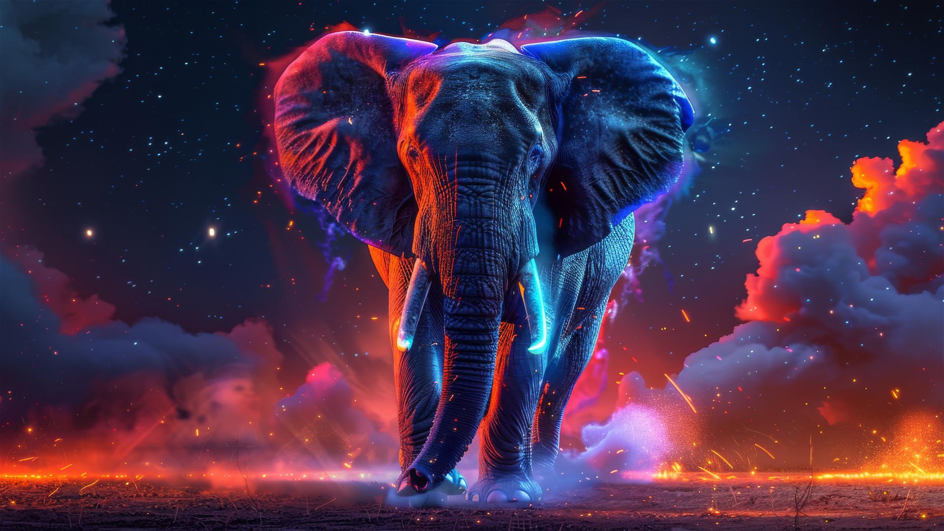 Realistic Thai elephant running under starry sky with neon glow