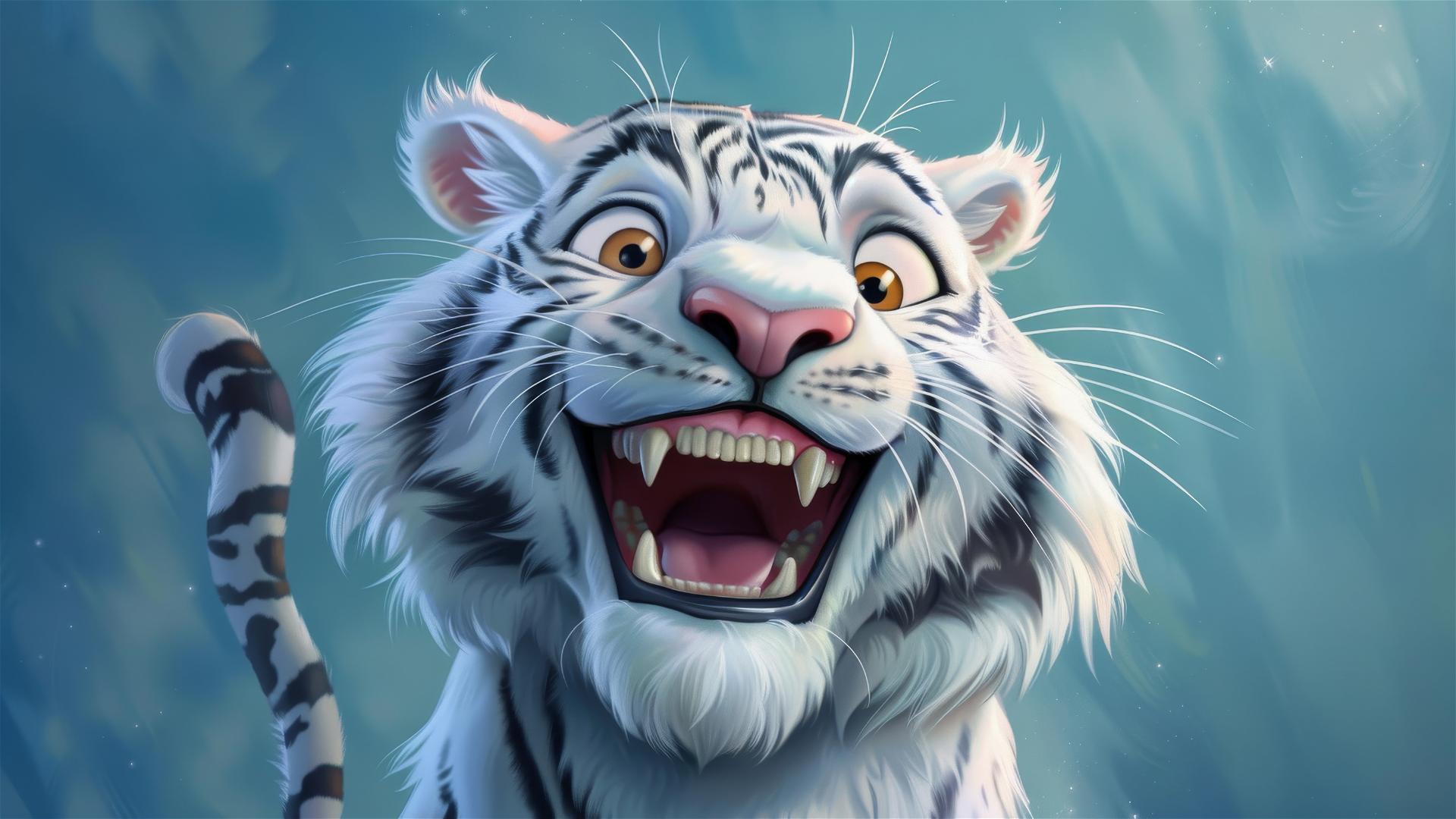 Cartoon white tiger with a happy expression in a Tiago Hoisel-style caricature