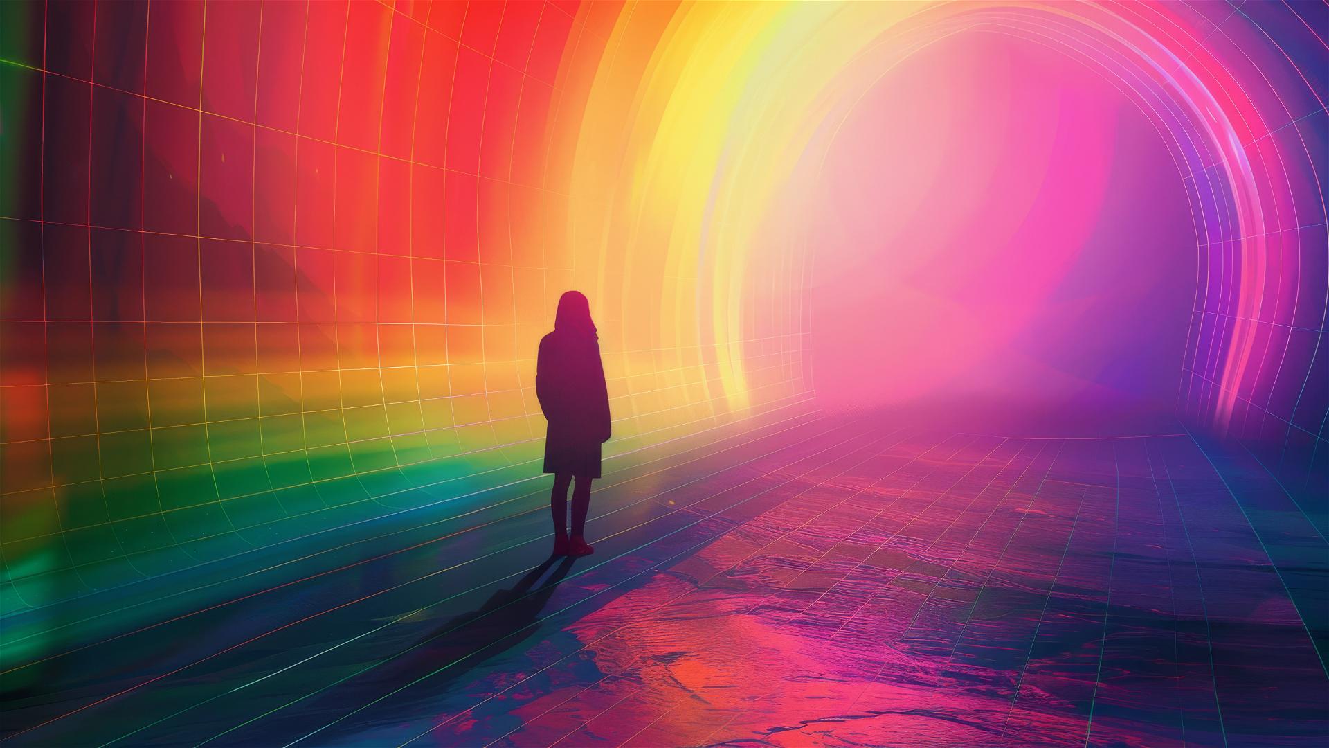Chrome astronaut in a dark, prismatic rainbow illustration with a dreamlike mood