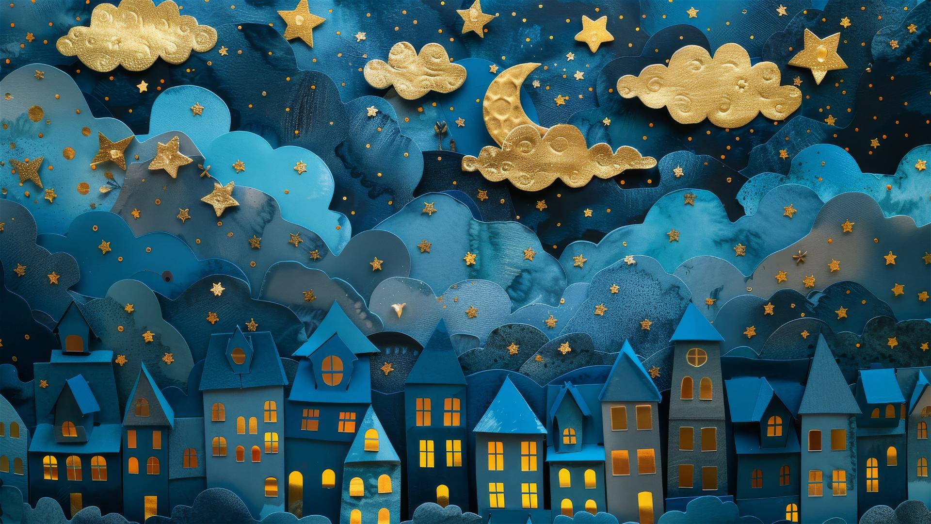 Whimsical cityscape at night with blue and gold houses, clouds, and twinkling stars