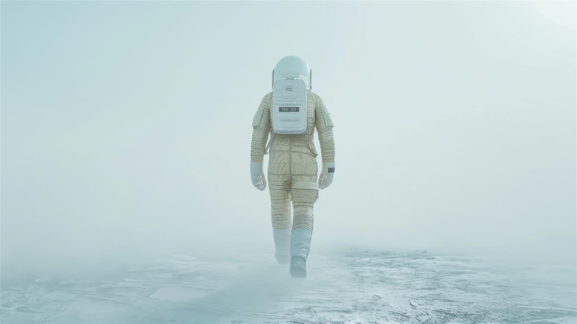 Back view of astronaut in spacesuit walking in fog with light blue and light amber hues.