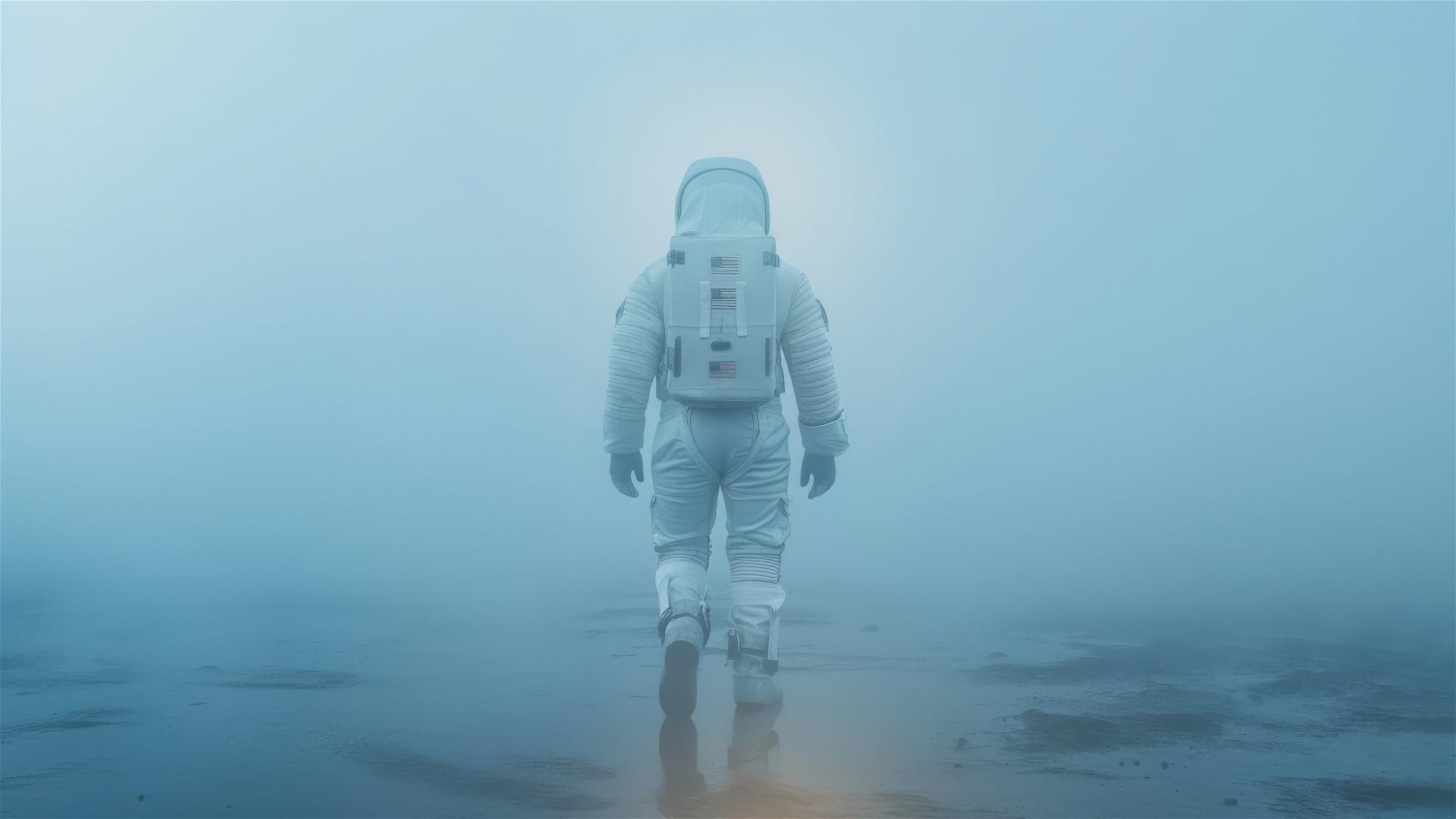 Astronaut in space suit walking through fog with light blue and amber hues