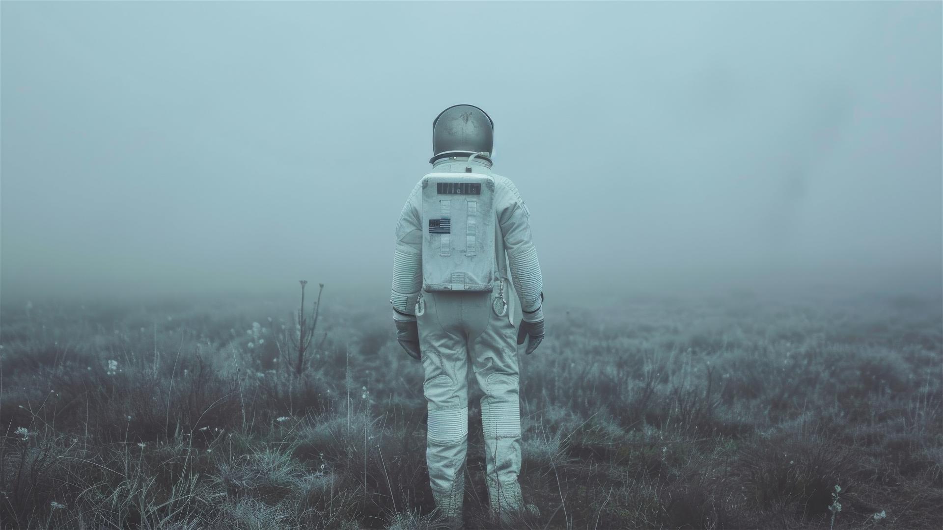 Astronaut in space suit walking in fog, light blue and amber hues