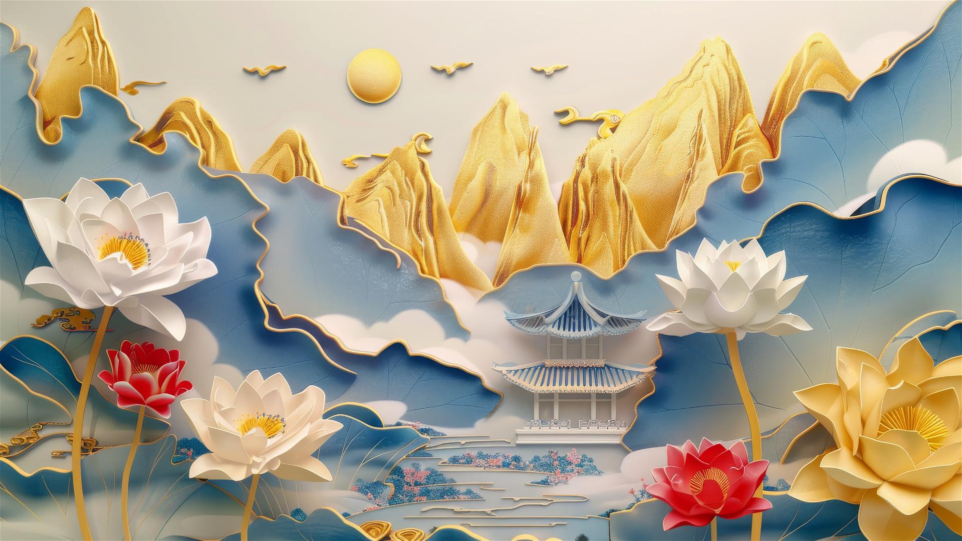 3D Asian painting of golden mountains and a serene temple surrounded by lotus flowers
