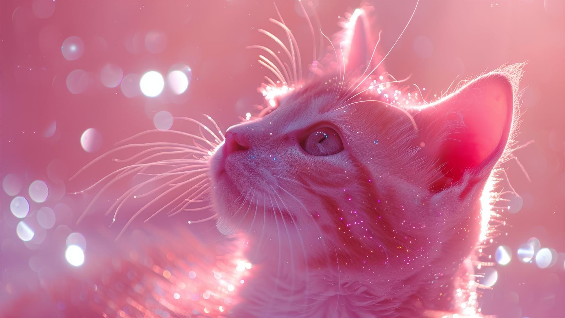 kawaii cat with glitter and diamond dust, light magenta