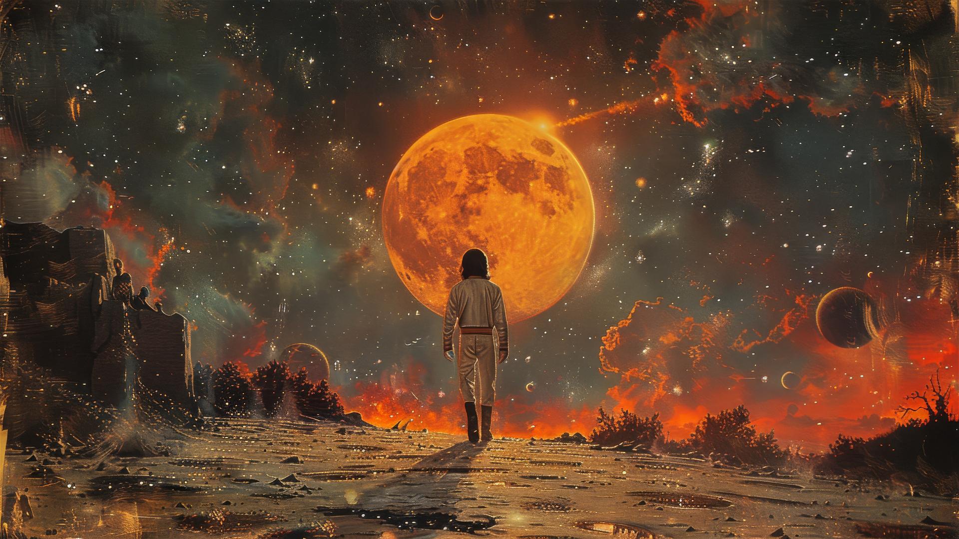 Old card with Michael Jackson moonwalking, in fantastic realism style