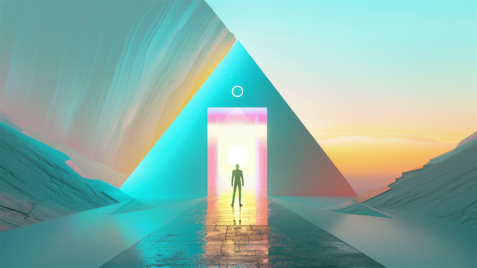 AI tech conference poster with a silhouette facing a 3D pyramid and door.