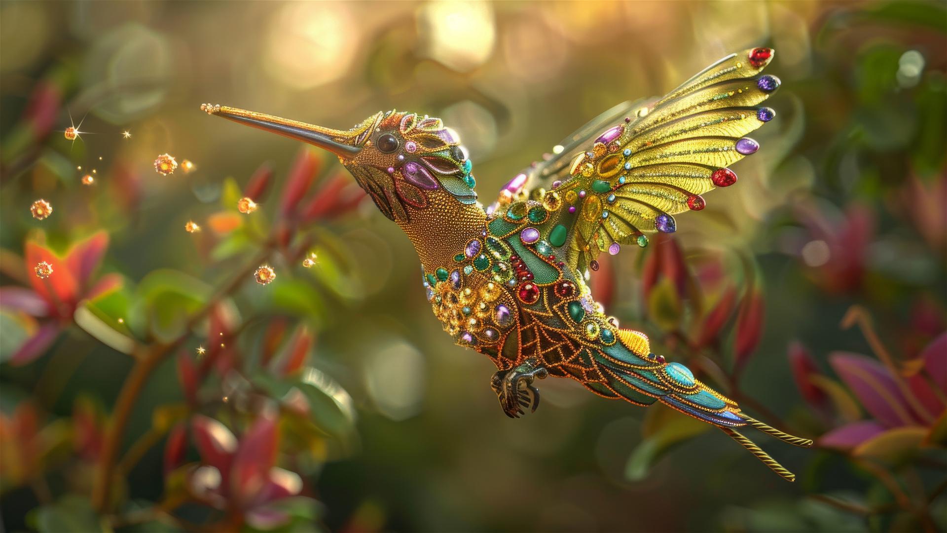 Enchanting hummingbird with sparkling gemstones