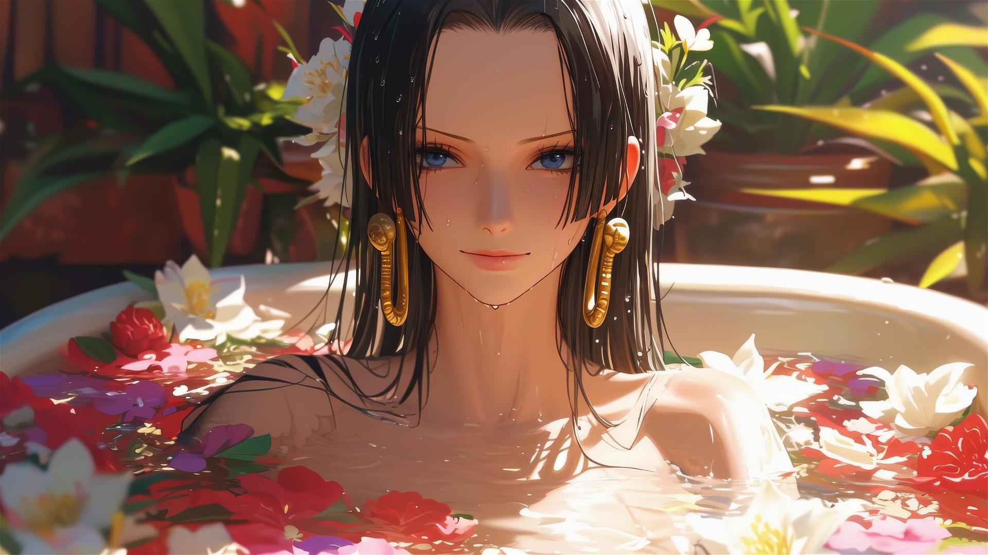 Boa Hancock in a flower-filled tub in a Chinese spa