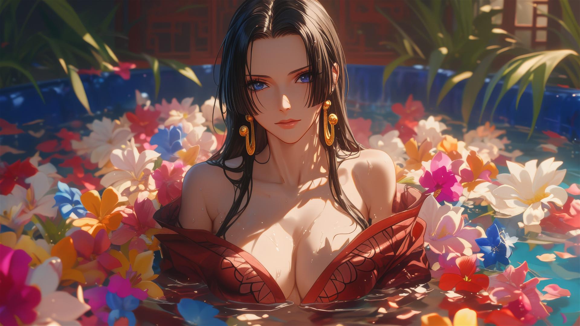 Boa Hancock from One Piece in a flower-filled tub in a Chinese spa