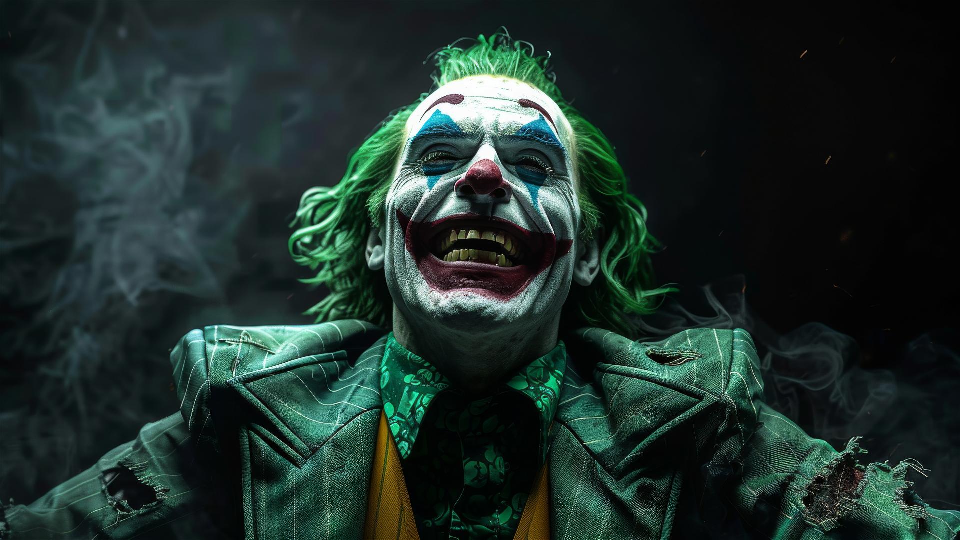 Ultra-realistic photo of the Joker laughing with cinematic lighting