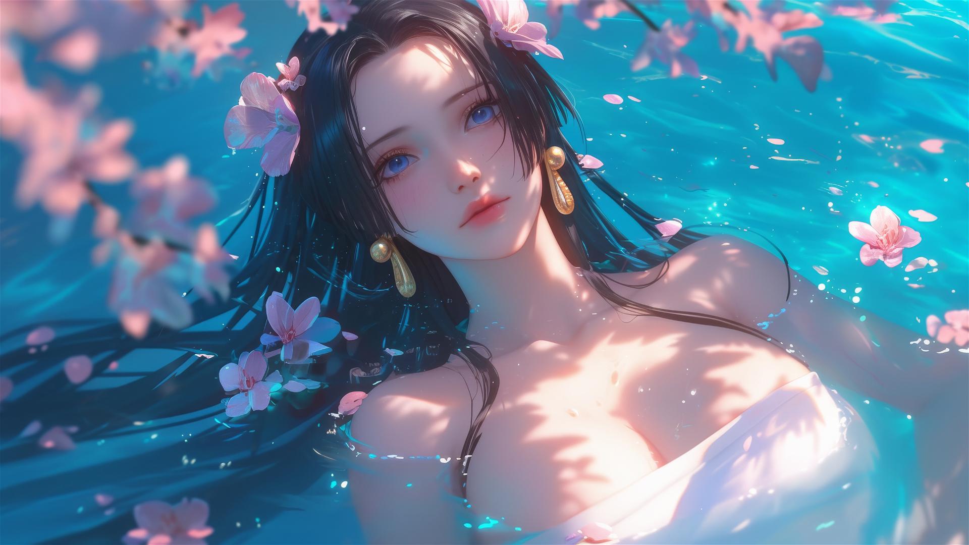 Boa Hancock from One Piece in flower-filled tub at a Chinese spa
