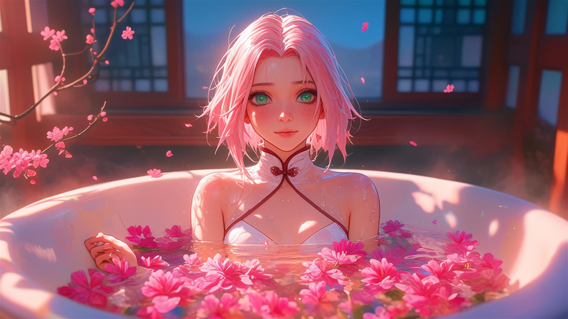 Sakura Haruno in a floral tub at a Chinese spa