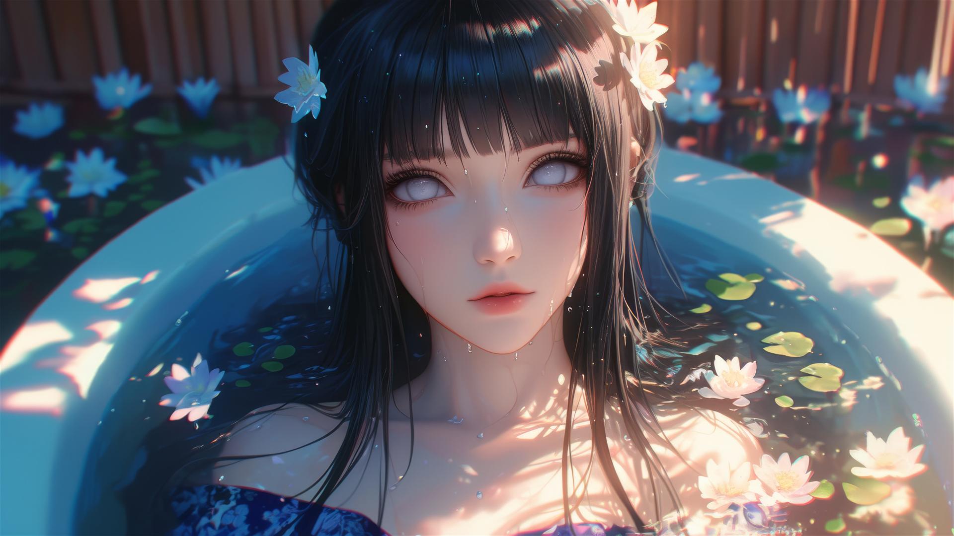 Hinata Hyuga from Naruto in tub full of flowers at a Chinese spa