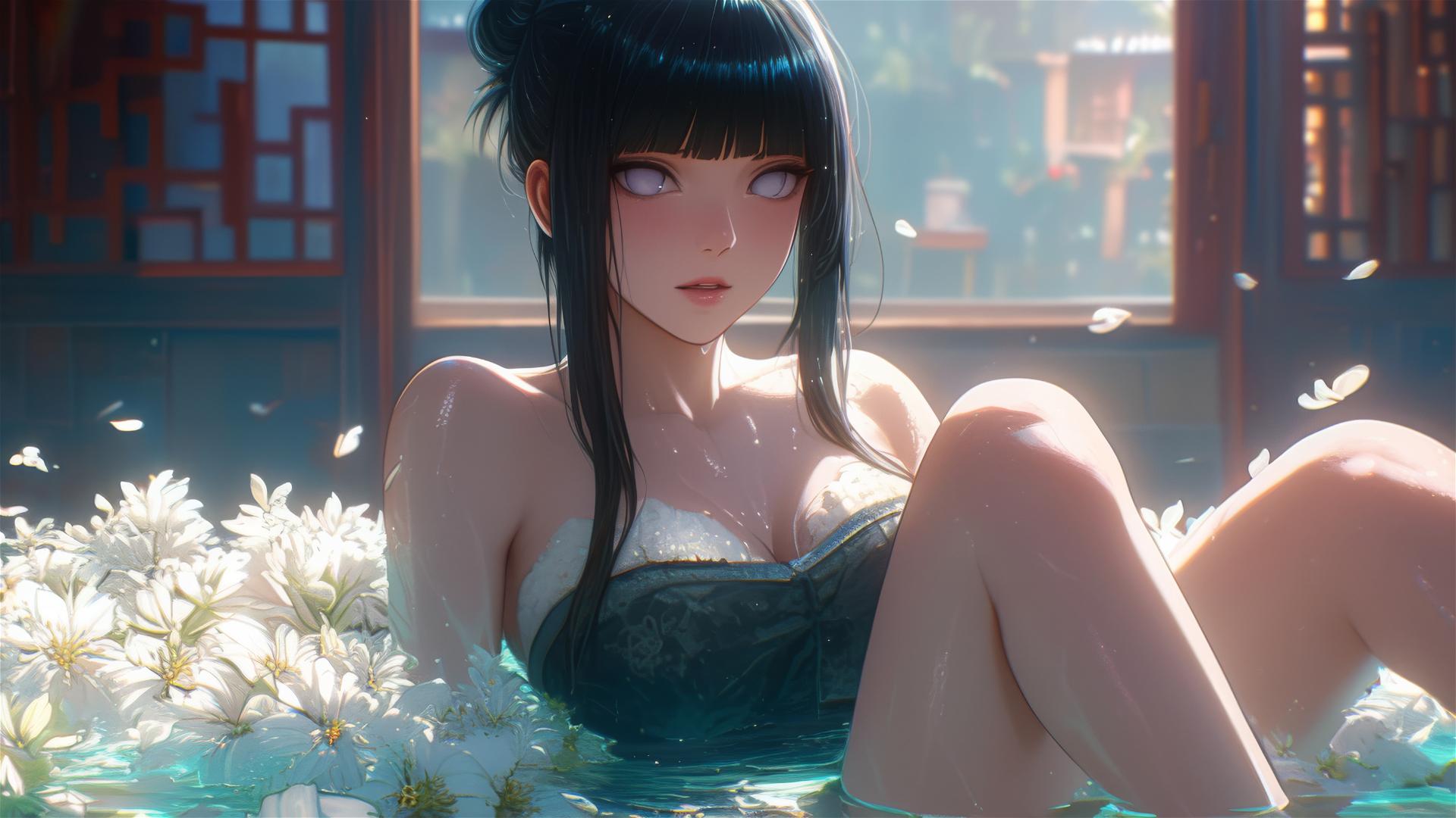 Hinata Hyuga from Naruto in flower-filled tub inside Chinese spa