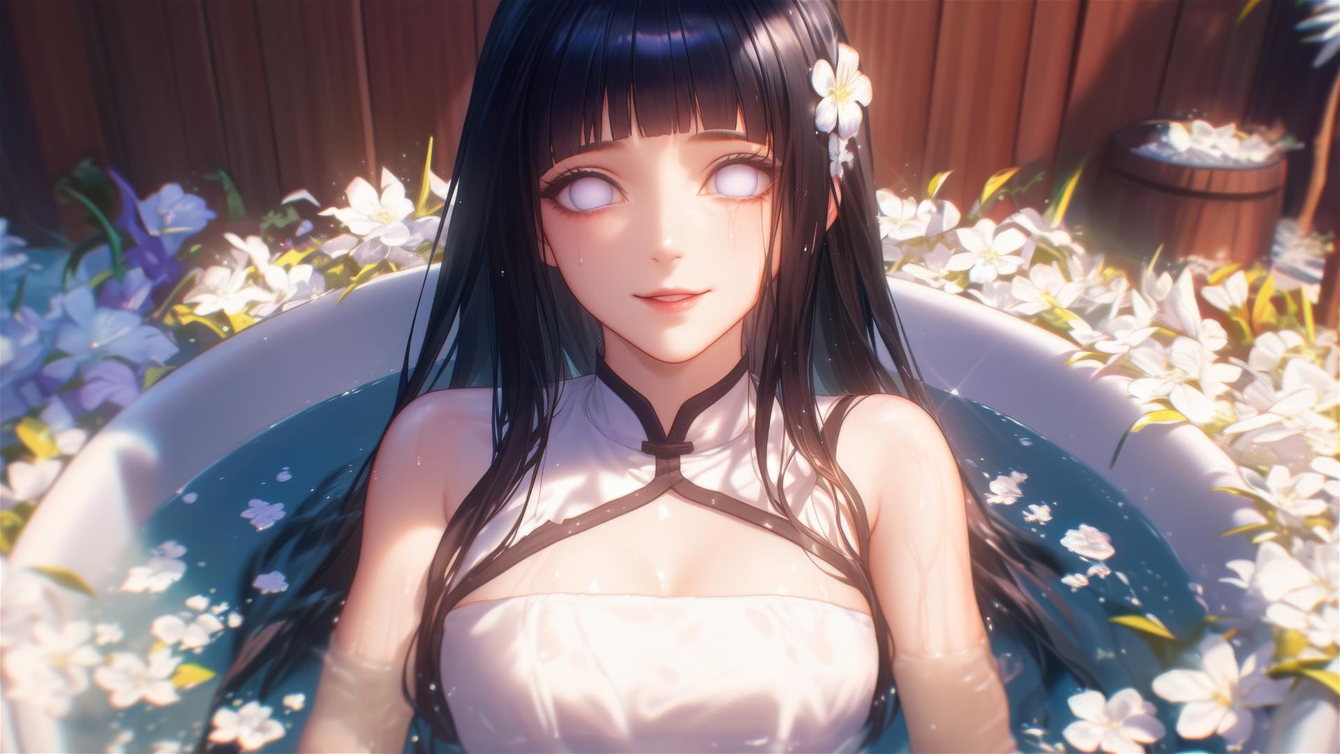 Hinata Hyuga in a flower-filled tub at a Chinese spa with white eyes.