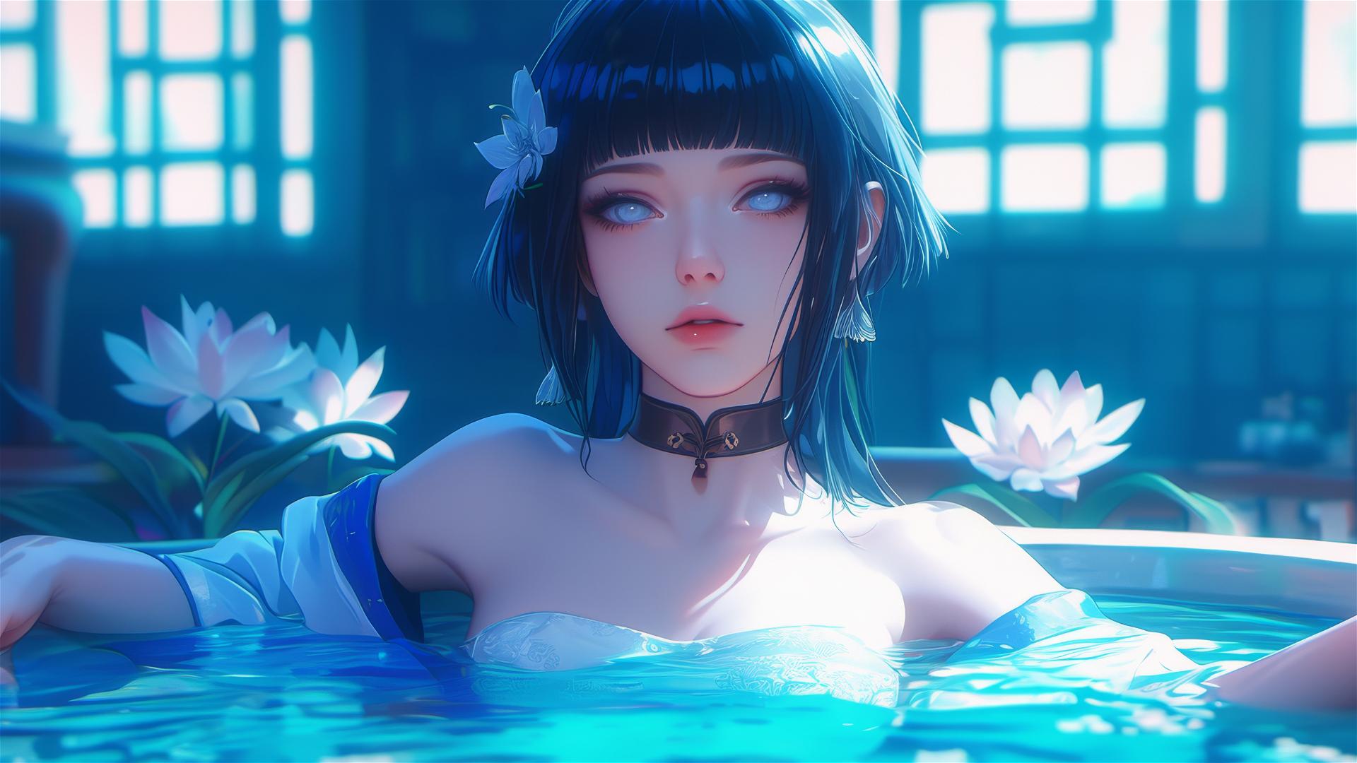 Hinata Hyuga in a flower-filled tub at a Chinese spa