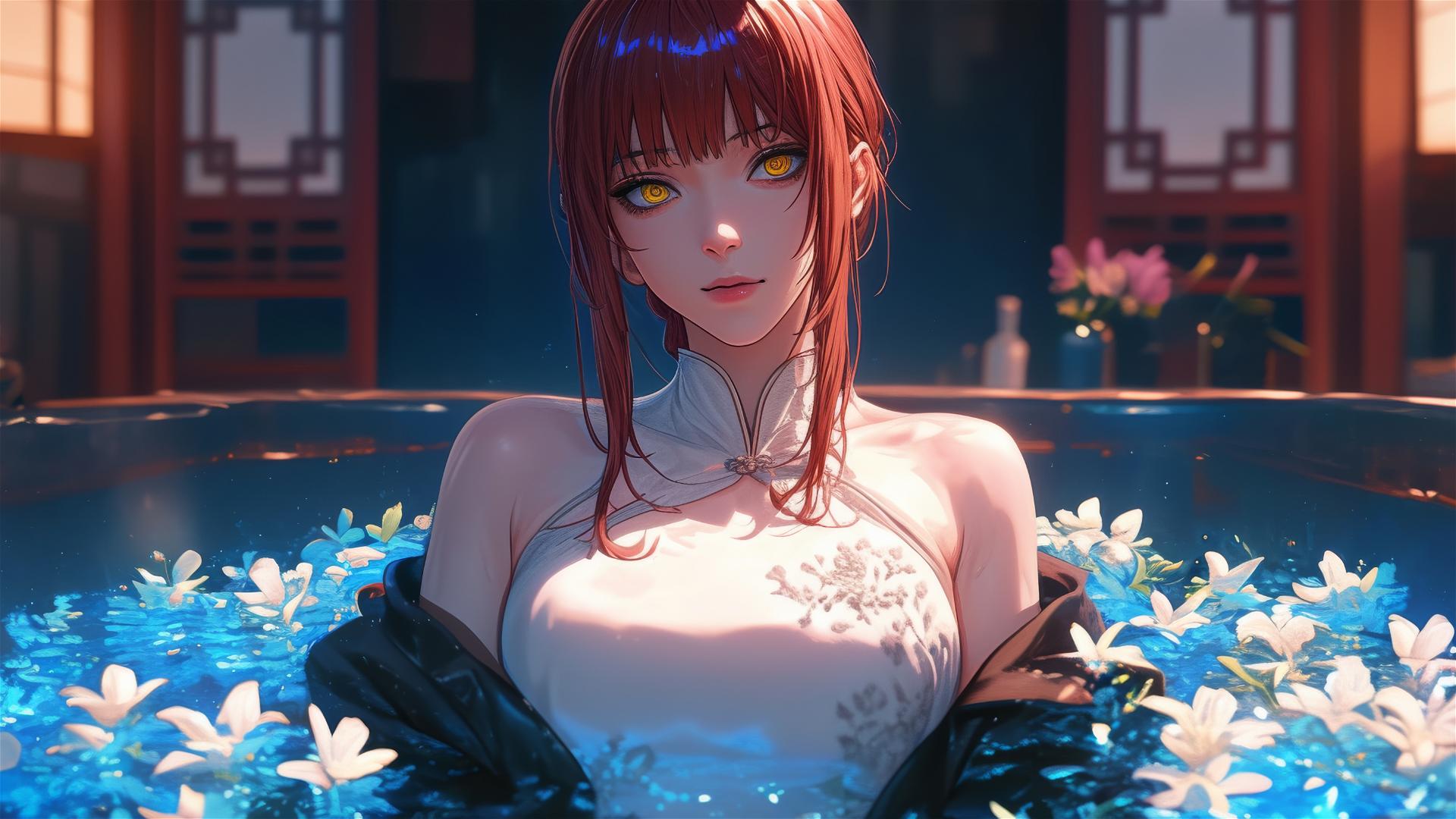 Makima from Chainsaw Man in a tub with flowers at a Chinese spa