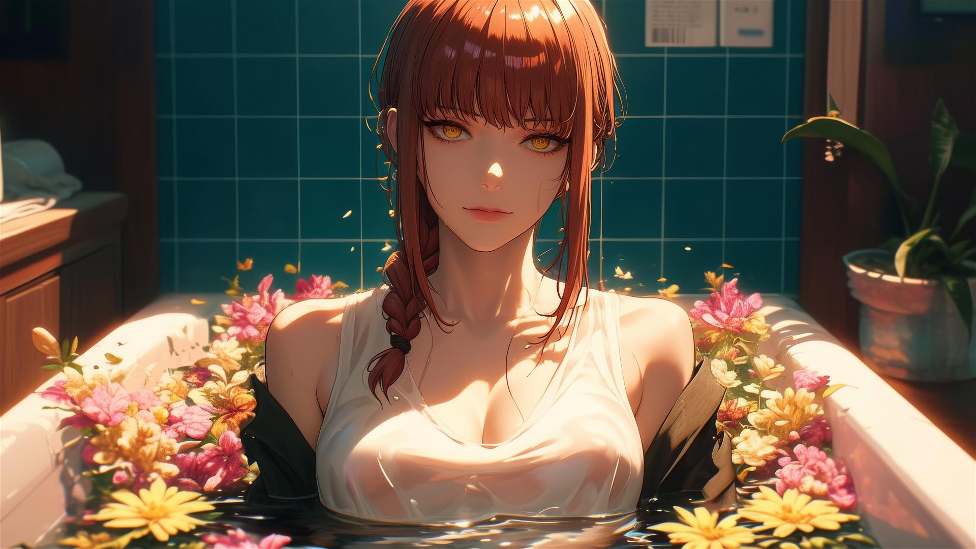 Makima from Chainsaw Man in flower-filled tub at Chinese spa