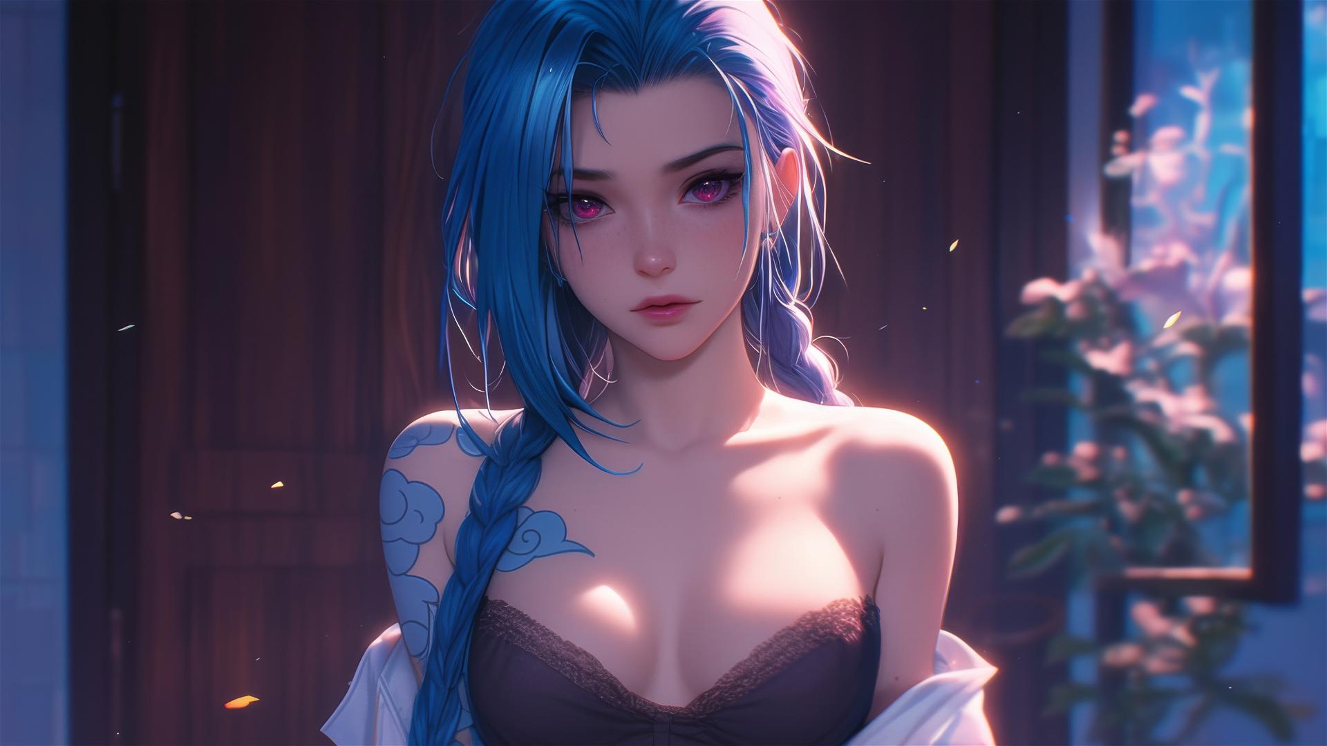 Full shot of Jinx from League of Legends in an apartment