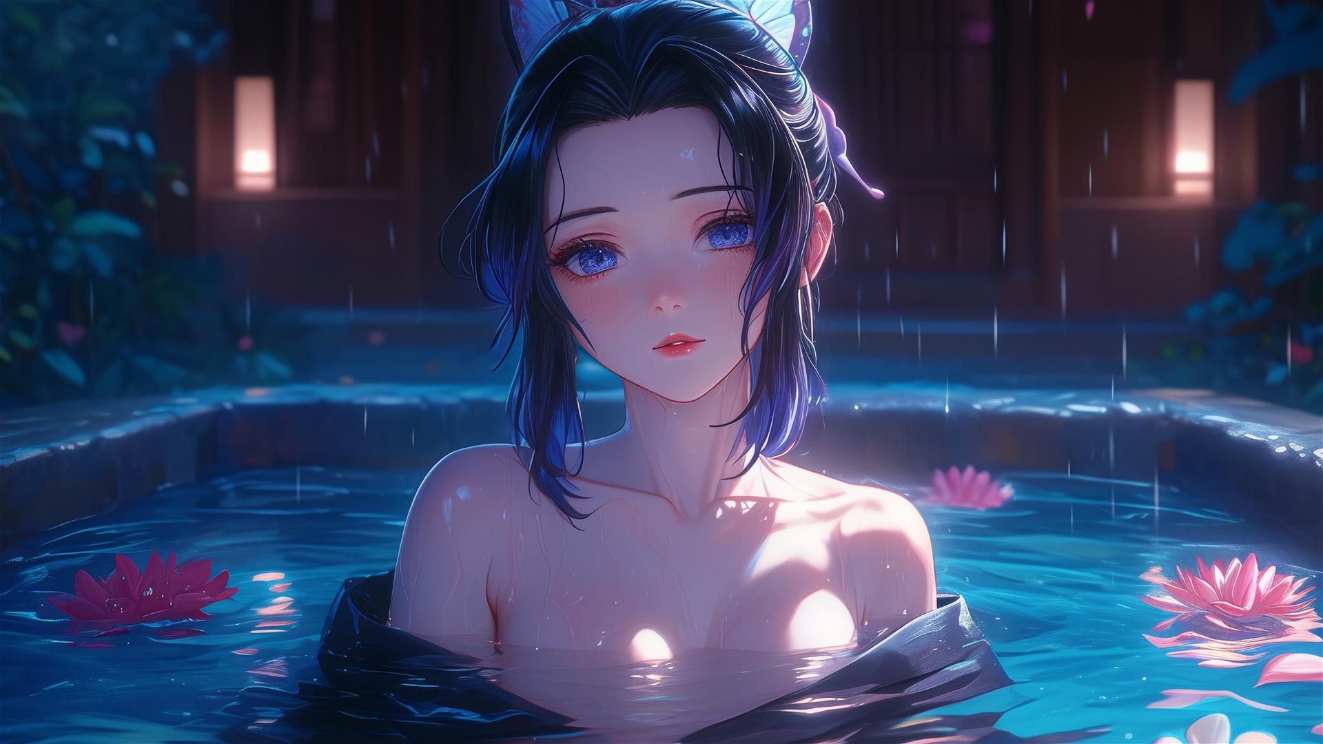 Shinobu Kocho from Demon Slayer in a tub full of flowers in a Chinese spa.