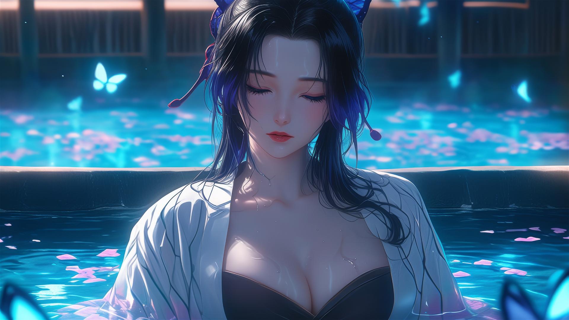 Shinobu Kocho from Demon Slayer in flower-filled tub at Chinese spa