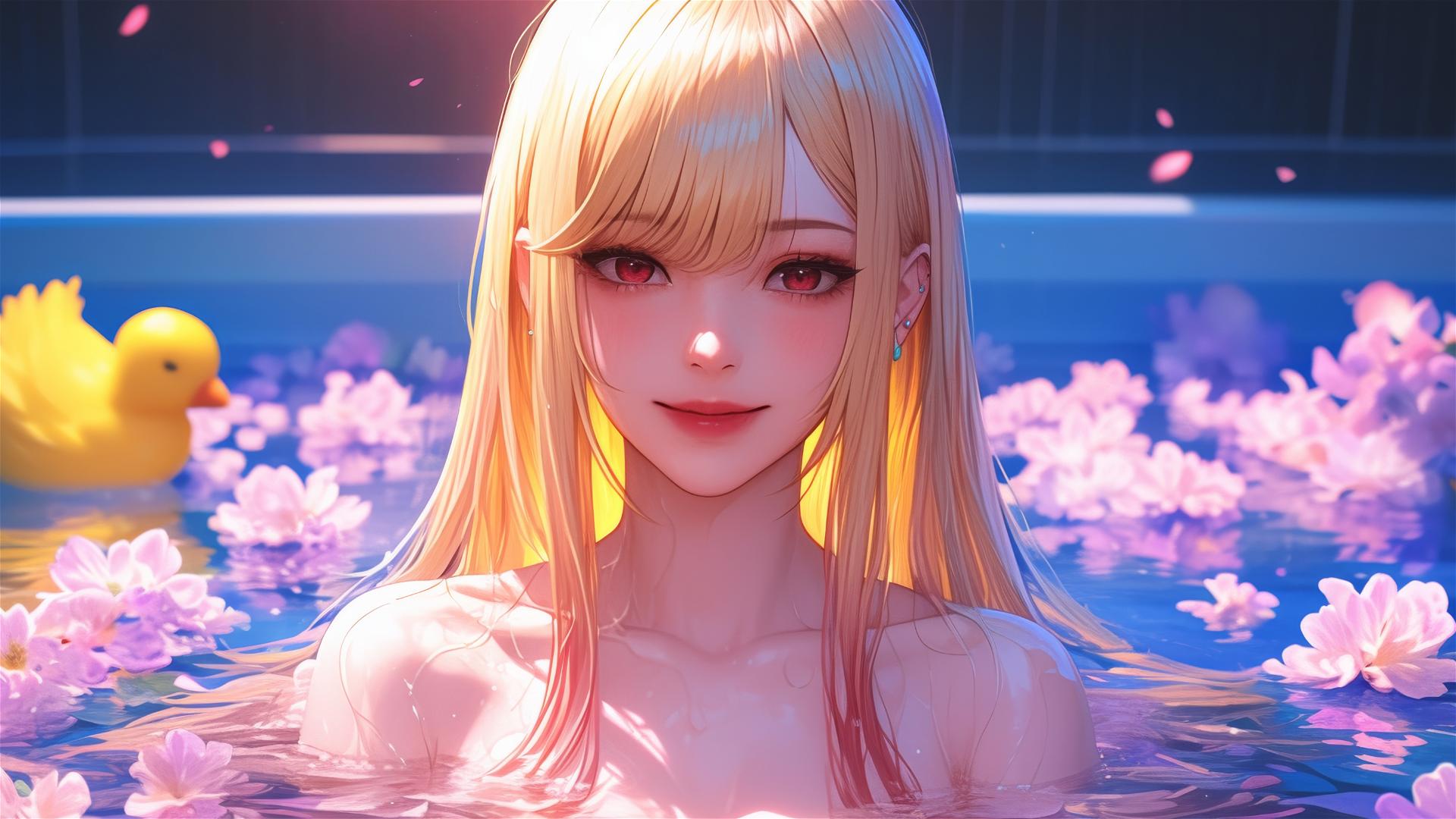 Marin Kitagawa in tub of flowers, Chinese spa, silky blonde hair, pinkish eyes