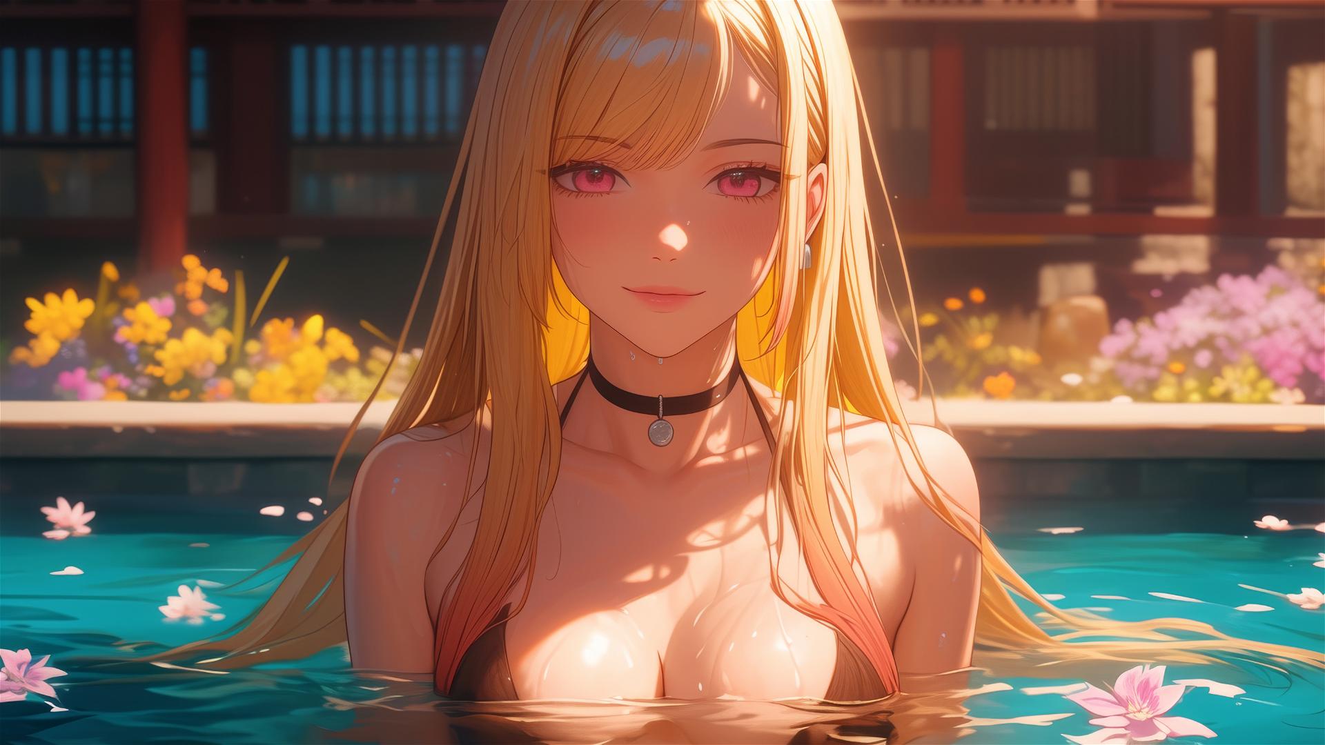 Marin Kitagawa in a tub full of flowers at a Chinese spa with silky blonde hair