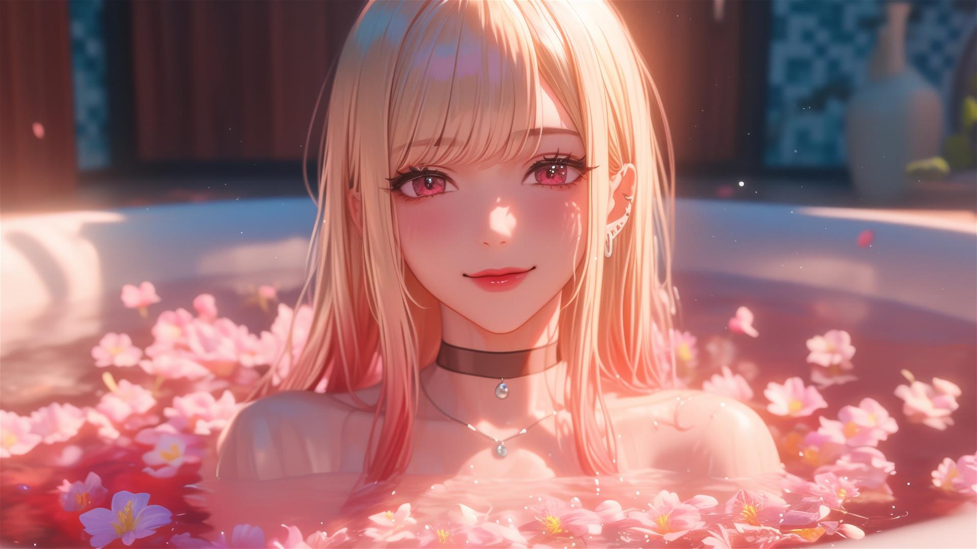 Marin Kitagawa in a tub full of flowers at a Chinese spa, silky blonde hair with pinkish-red tips