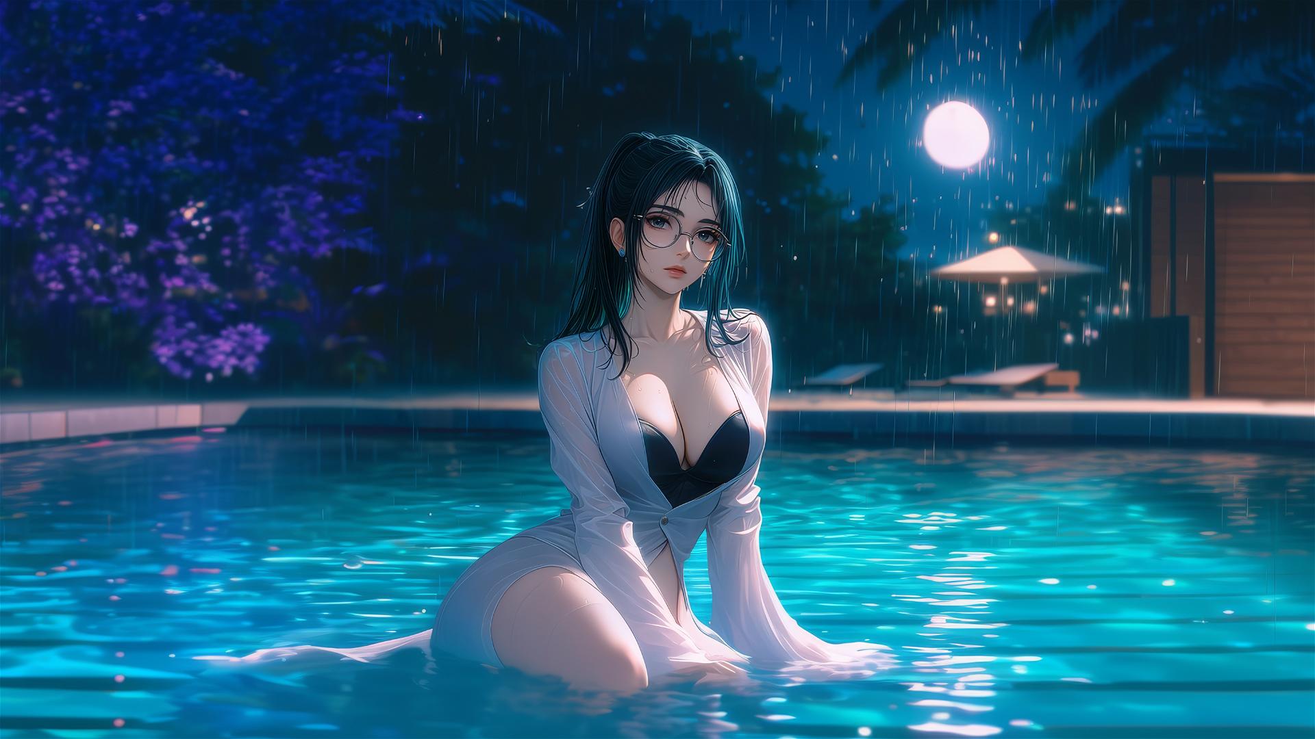 Maki Zenin from Jujutsu Kaisen relaxing by a pool under moonlight, in pink clothes.