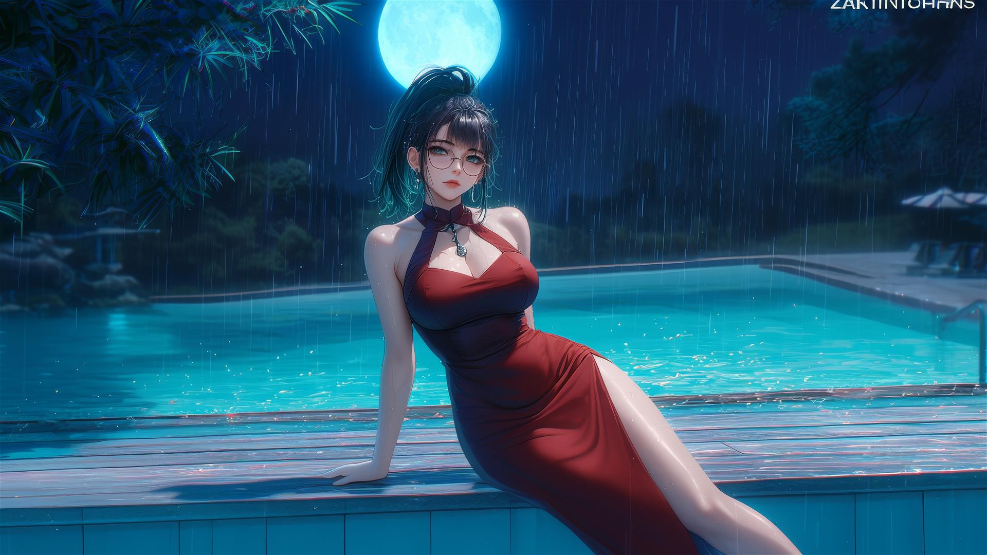 Maki Zenin from Jujutsu Kaisen resting by the swimming pool in moonlight, wearing red dress and glasses, rainy.