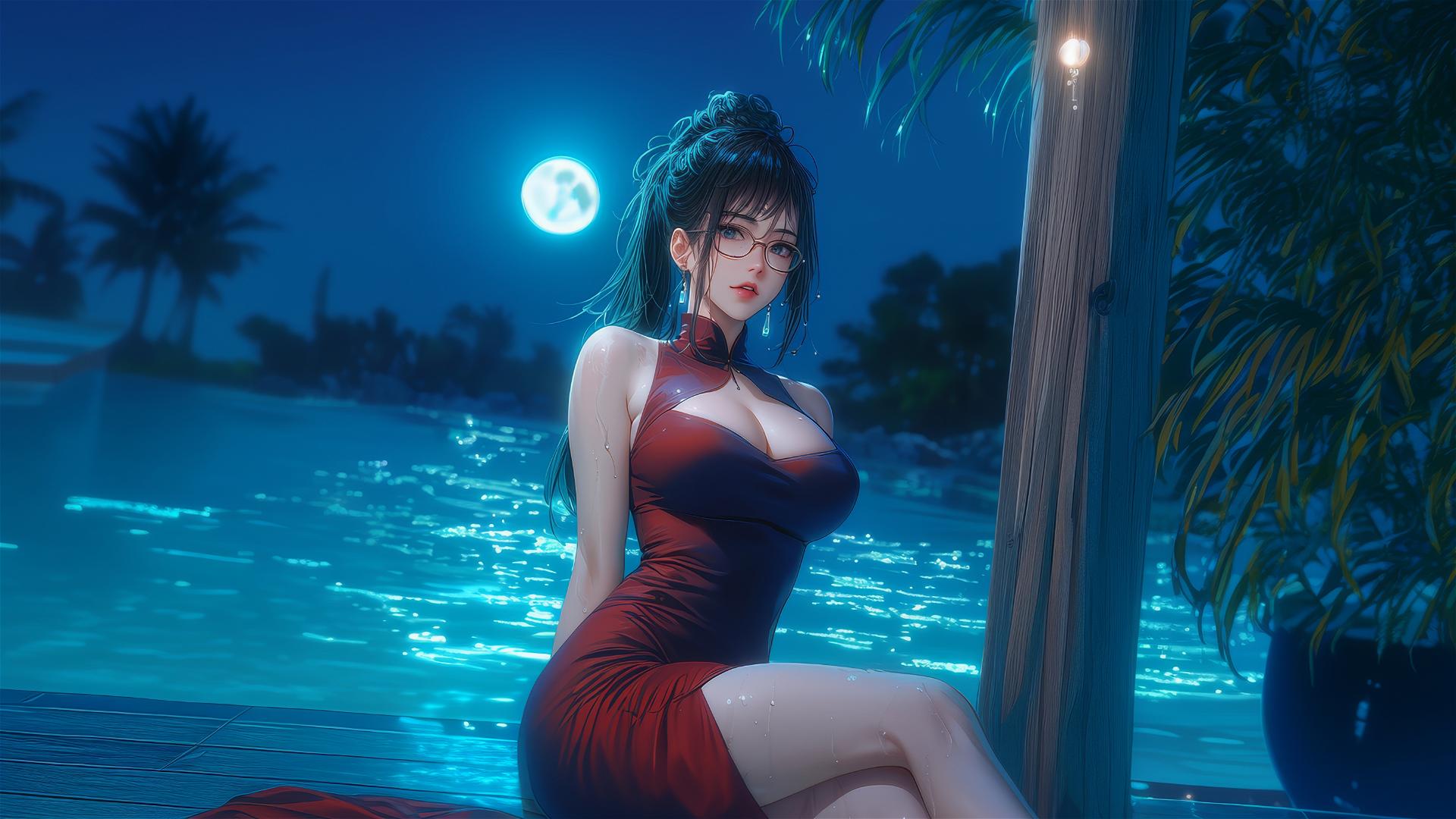 Maki Zenin resting by the pool under moonlight in a red dress and glasses