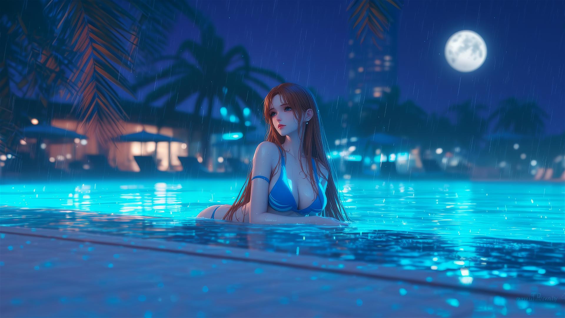 Nami from One Piece resting by a swimming pool under moonlight and rain