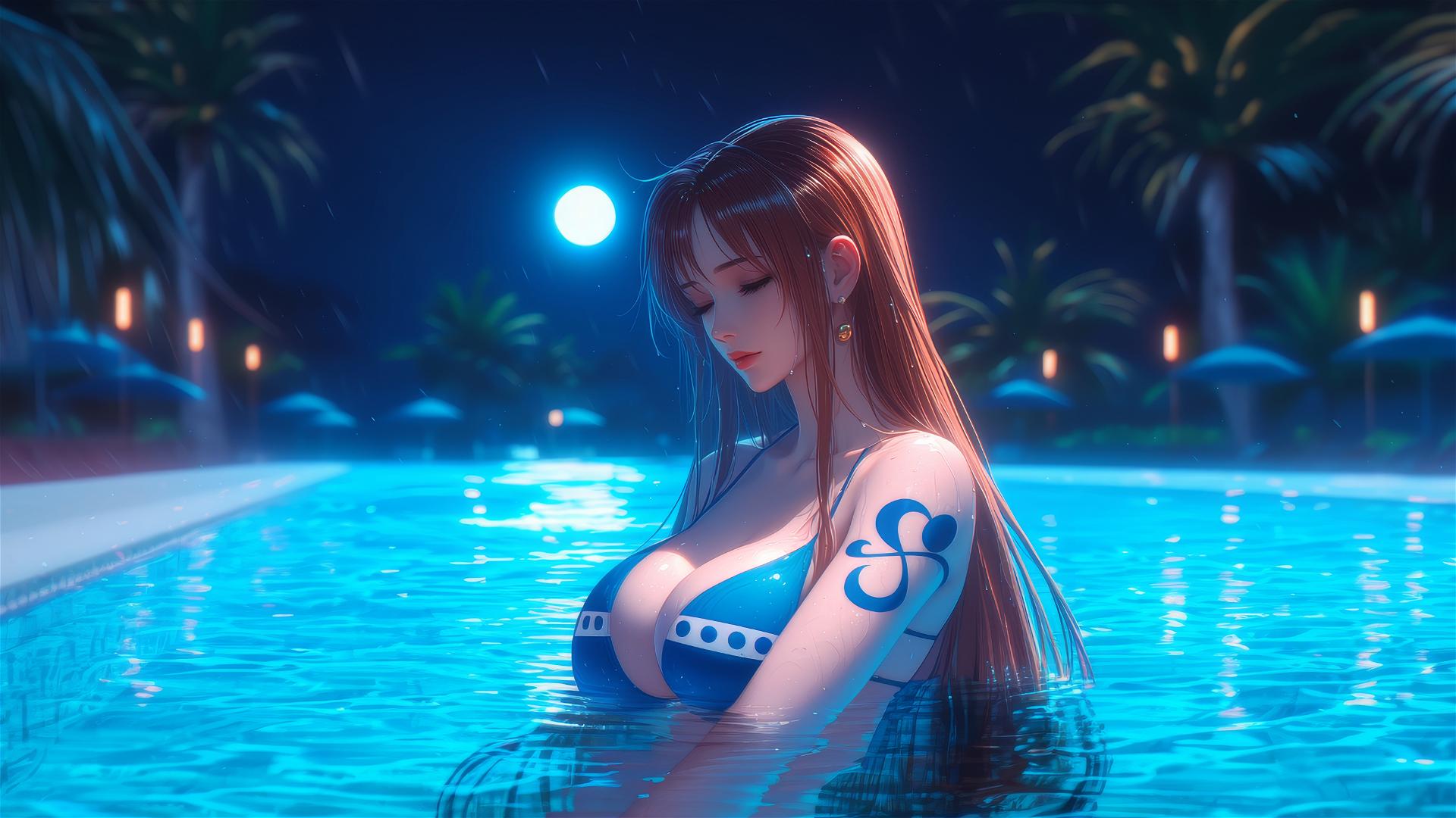 Nami from One Piece resting by a swimming pool under moonlight and rain