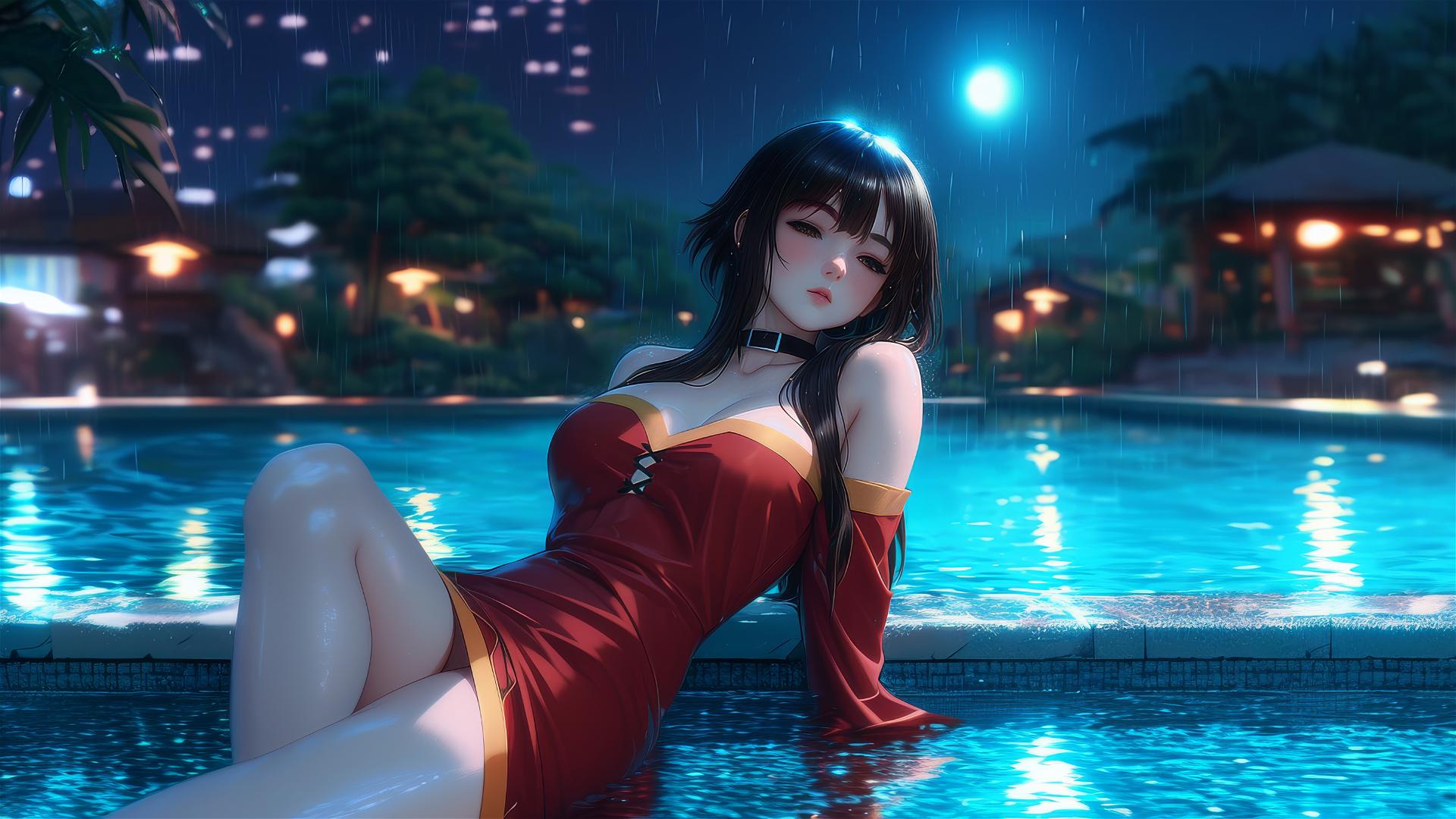 Megumin from KonoSuba resting by a pool under moonlight with rain.