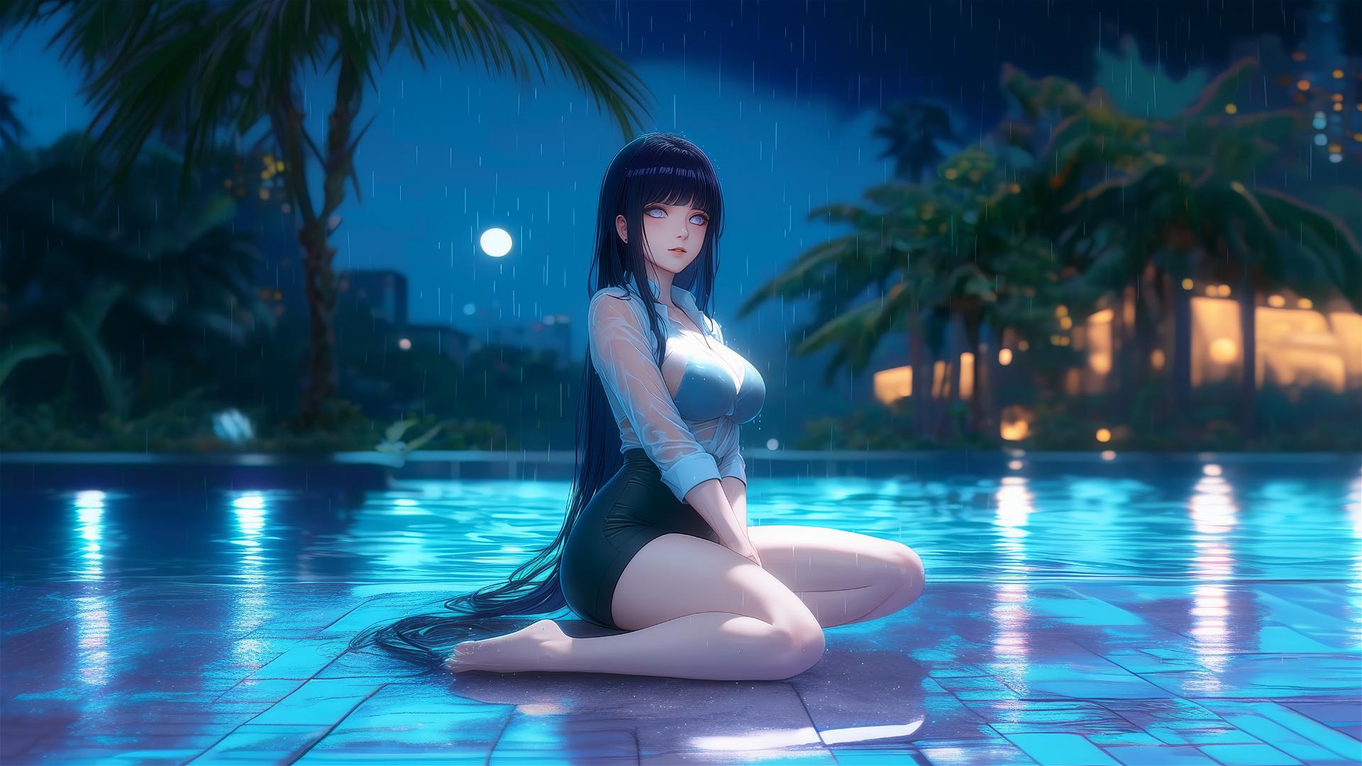 Hinata Hyuga resting by a rainy swimming pool with moonlit glow.