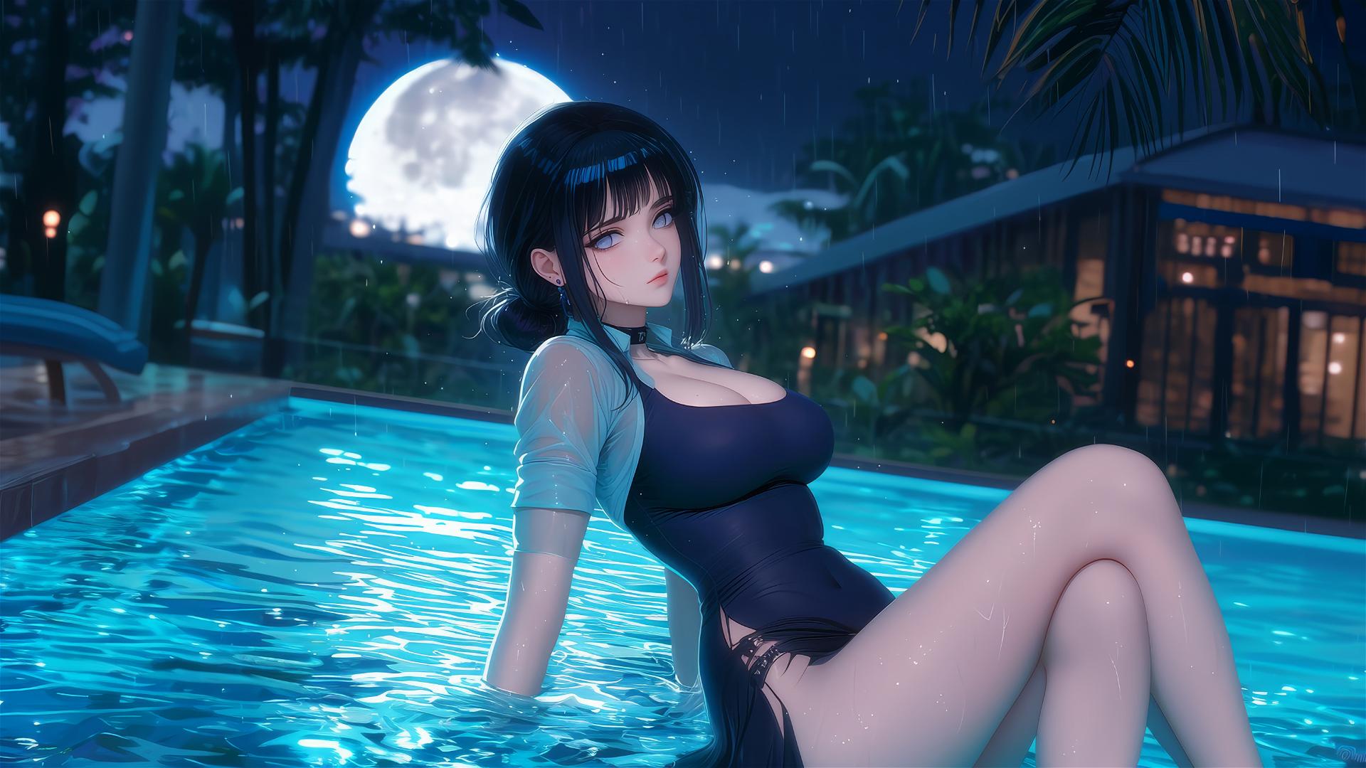 Hinata Hyuga resting by a rainy pool with moonlight glow