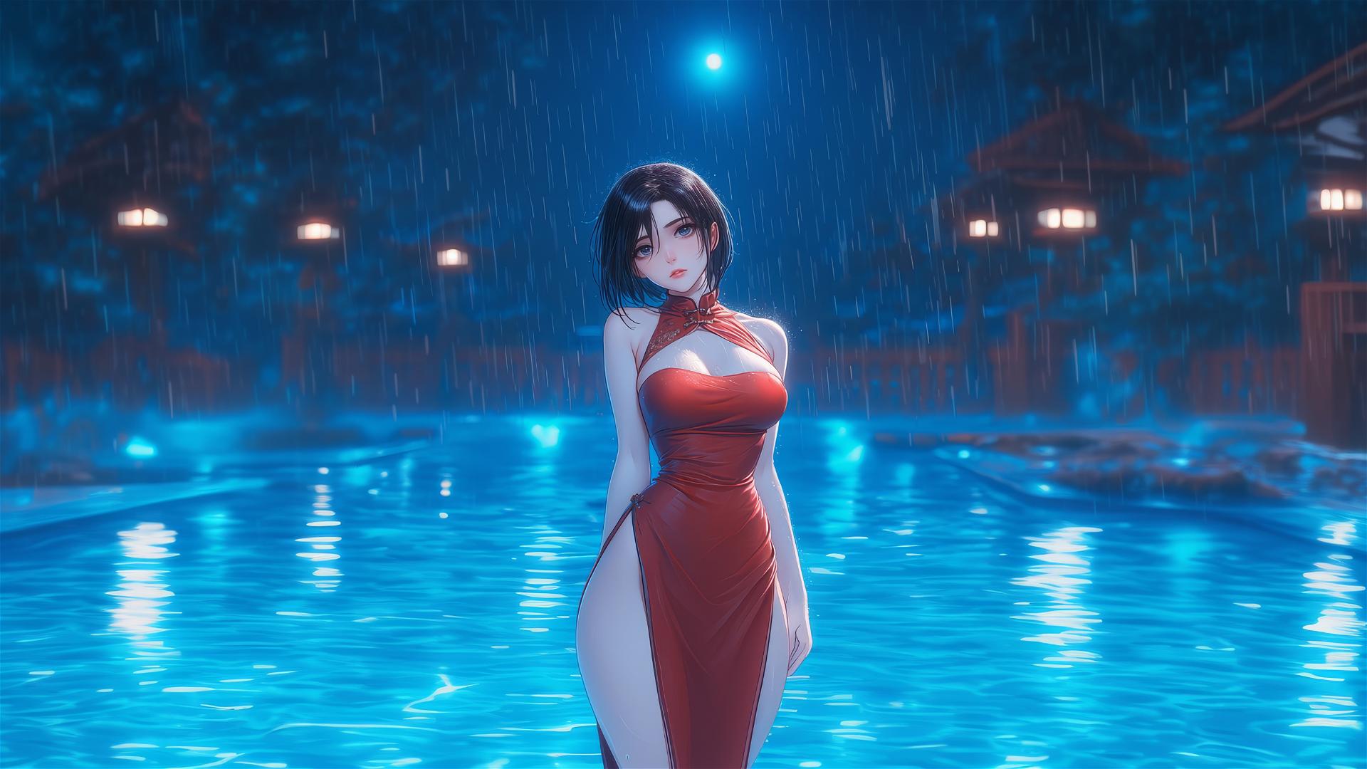 Mikasa Ackerman stands in a rainy swimming pool under moonlight in a red dress.