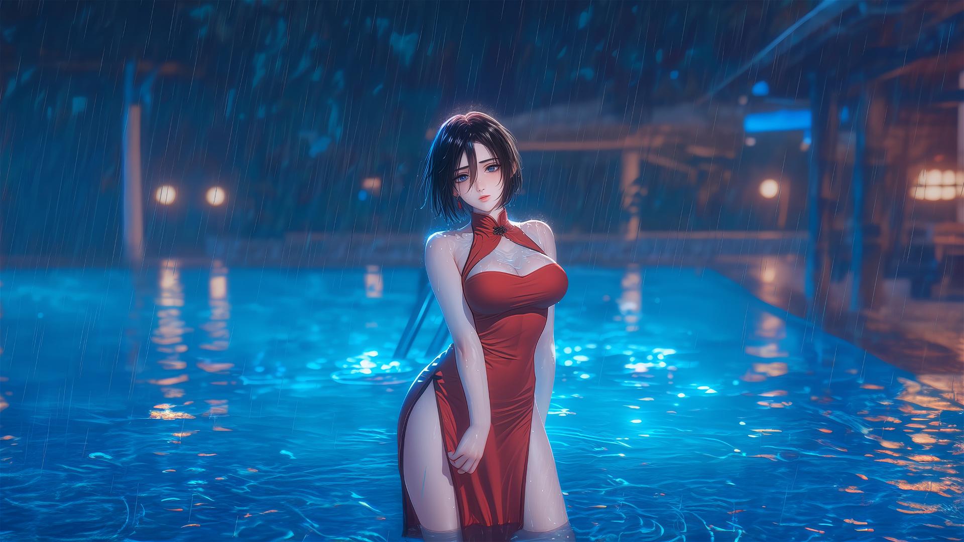 Mikasa Ackerman standing in a rainy swimming pool under moonlight in a red dress