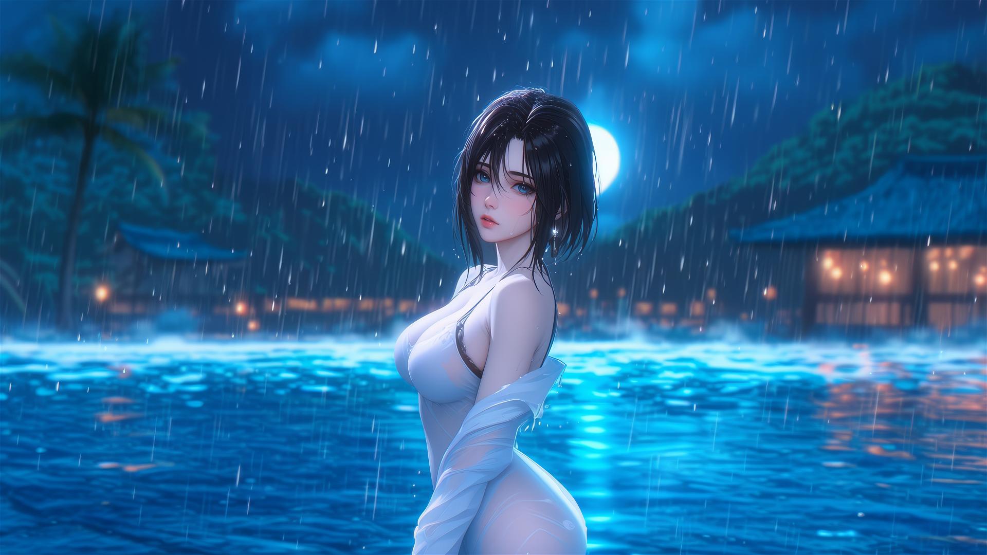 Mikasa Ackerman from Attack on Titan in a pink dress, standing in a rainy swimming pool by moonlight