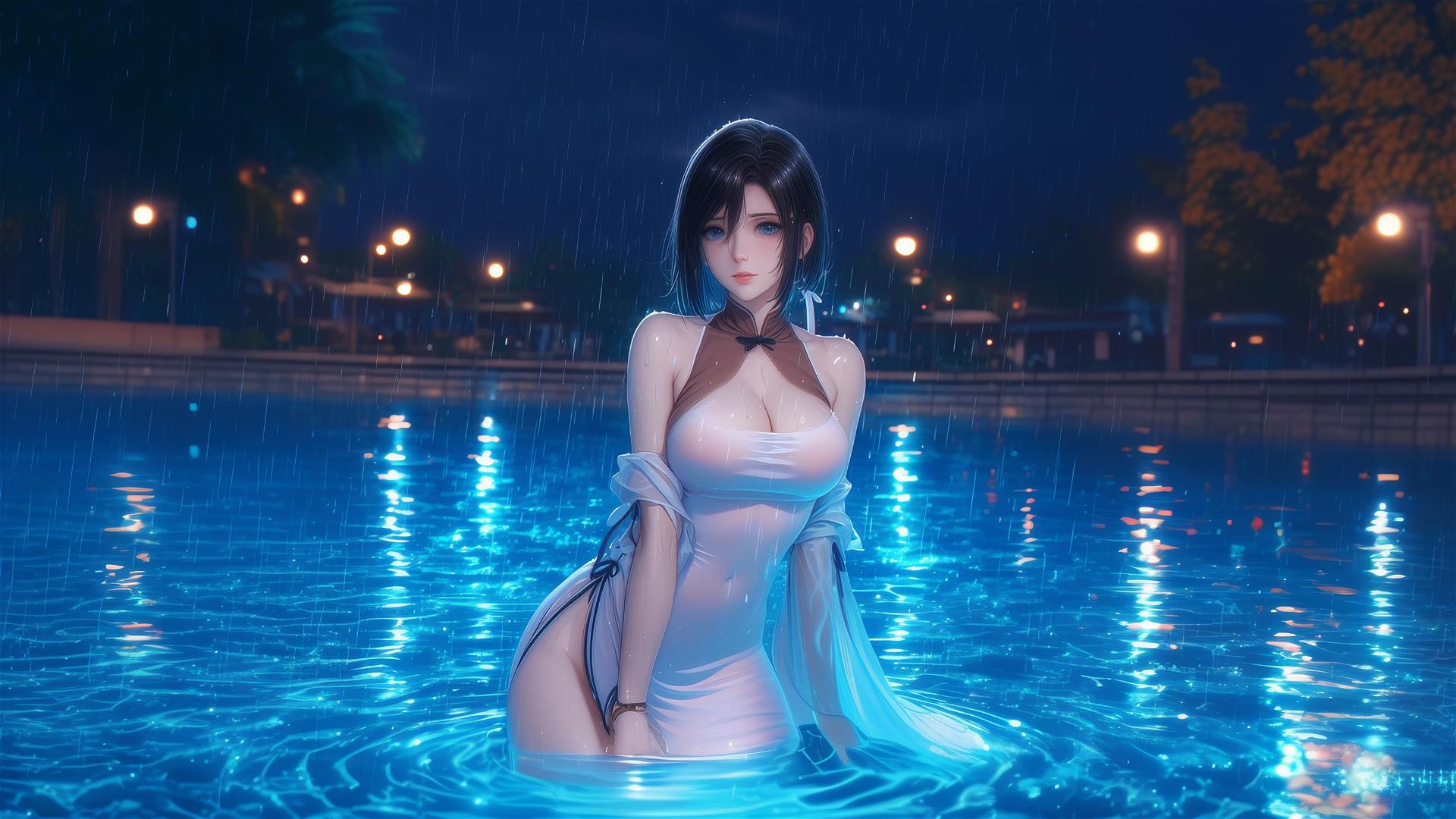 Mikasa Ackerman in a pink dress standing in a rainy swimming pool under moonlight