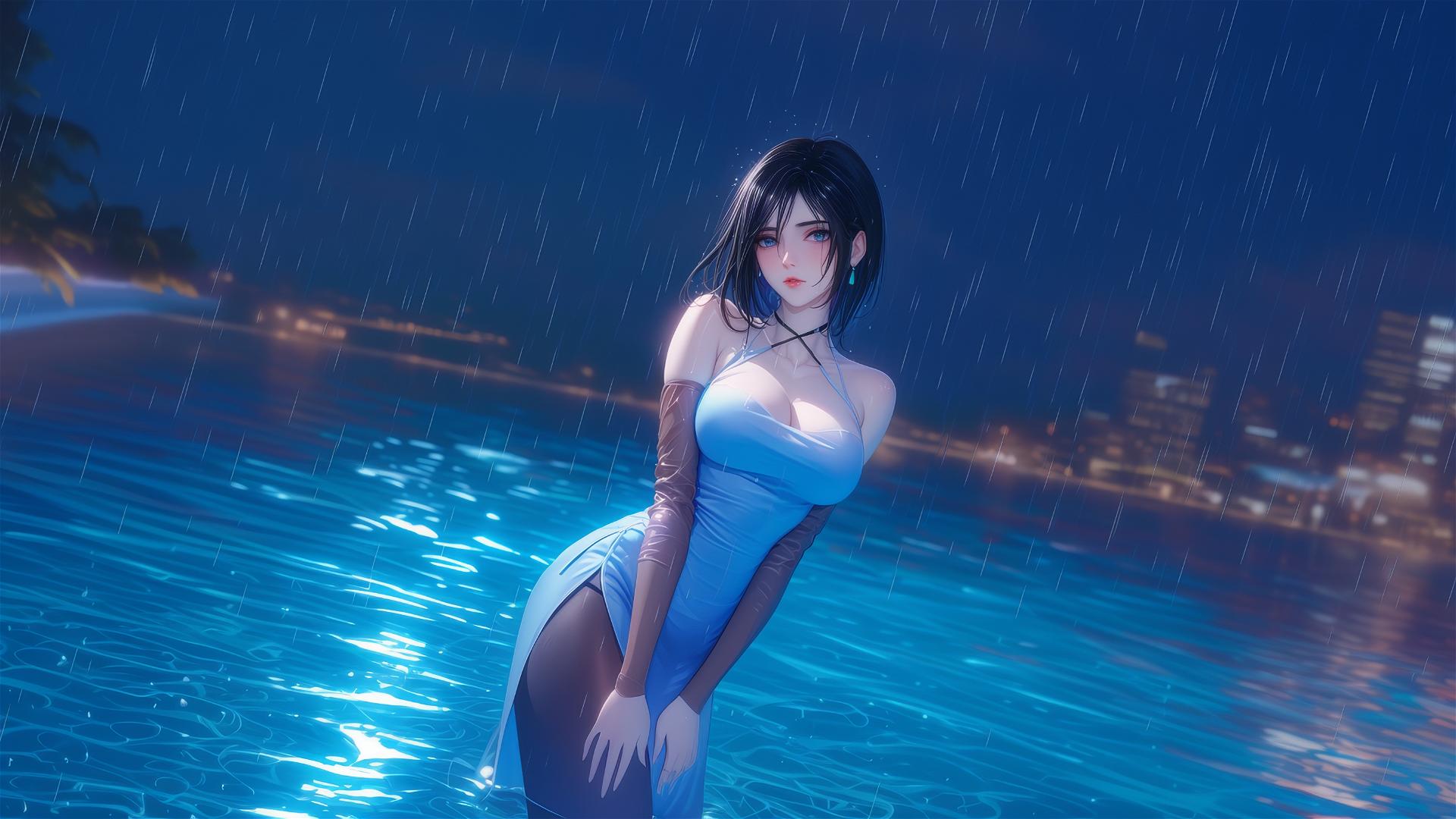 Mikasa Ackerman in pink dress standing in a rainy pool under moonlight