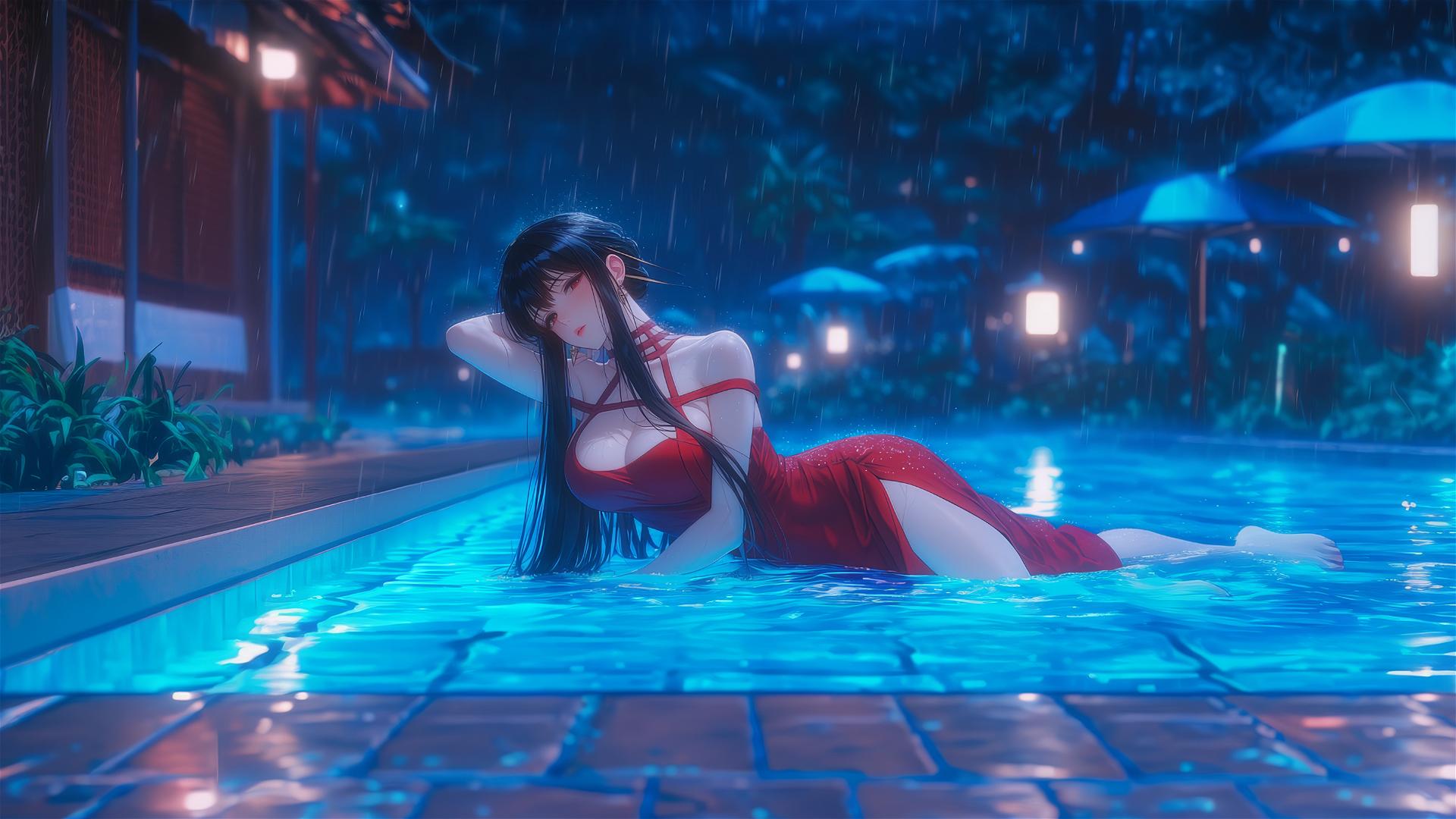 Yor Forger by a rainy swimming pool, moonlight glow, in red pajamas.
